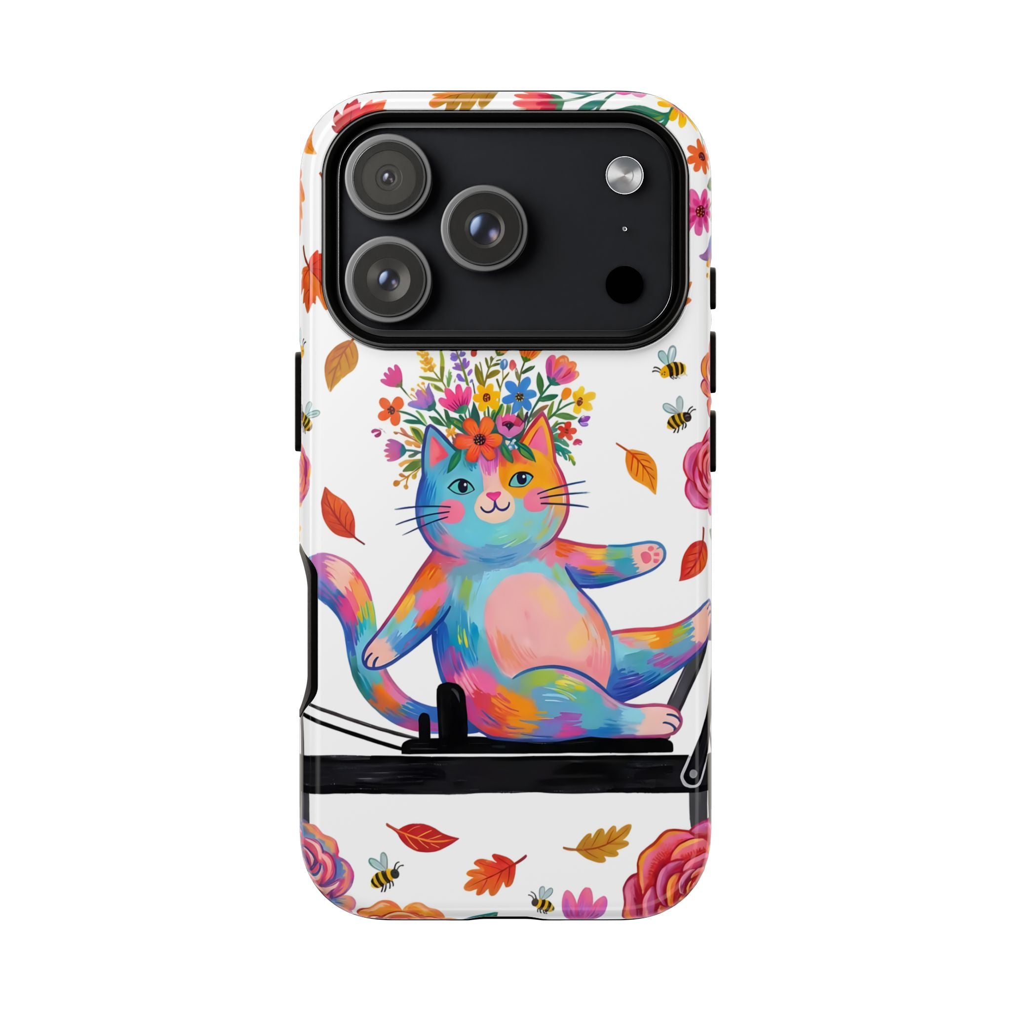 Colorful Floral Cat on Pilates Reformer Protective iPhone Case