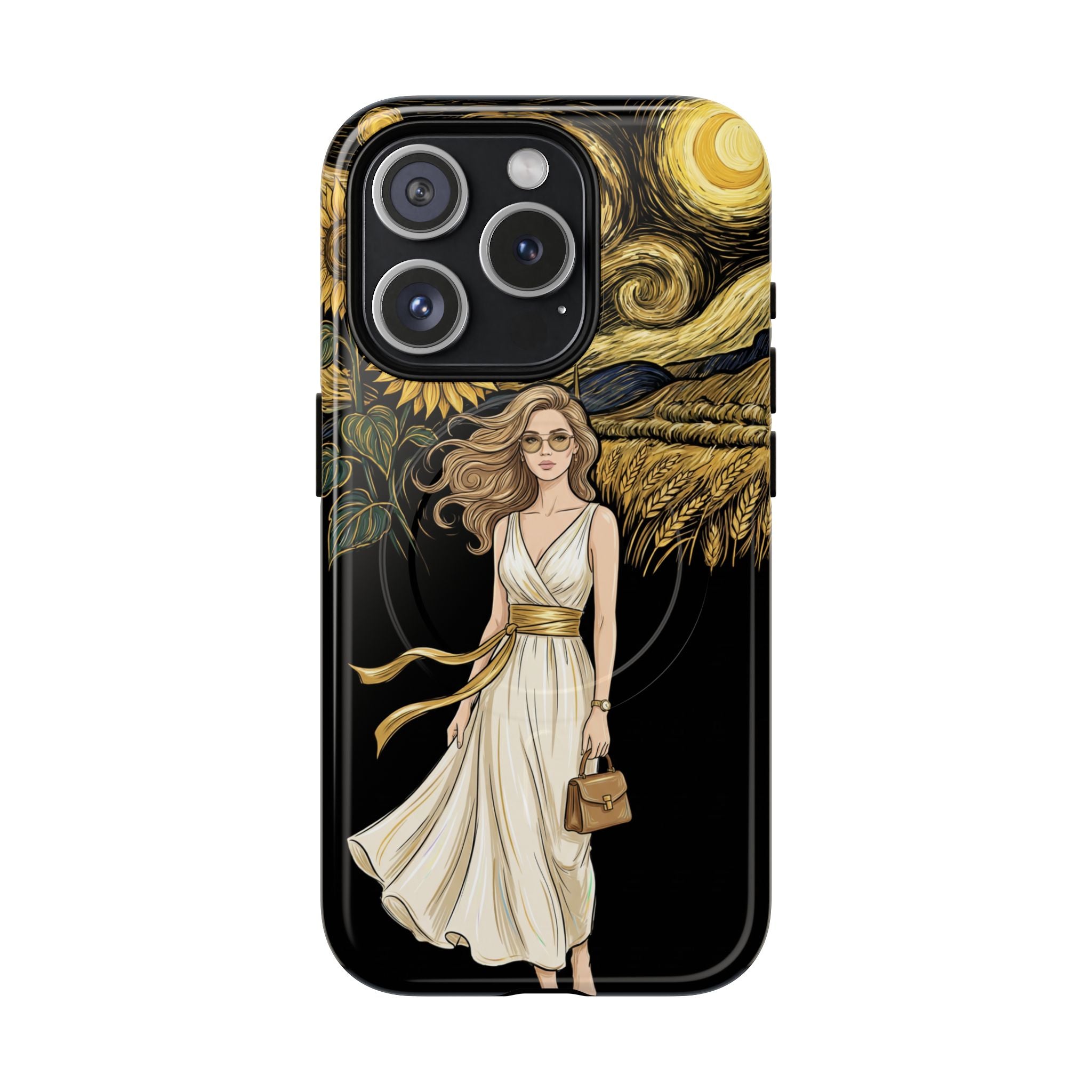 Sunflower Night MagSafe iPhone Case | Woman in Flowing Dress Van Gogh Style