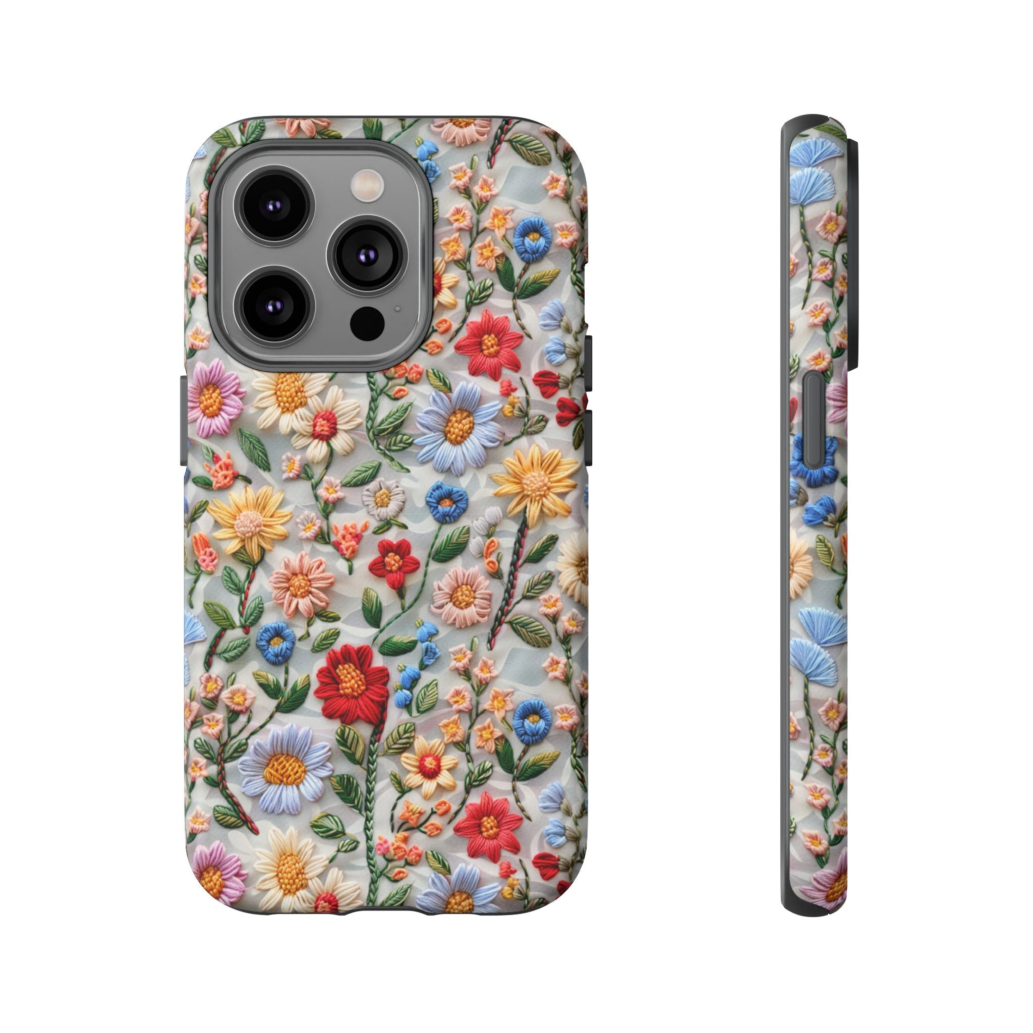 Floral Embroidered Pattern Tough iPhone Case — Colourful Daisy & Wildflower Design