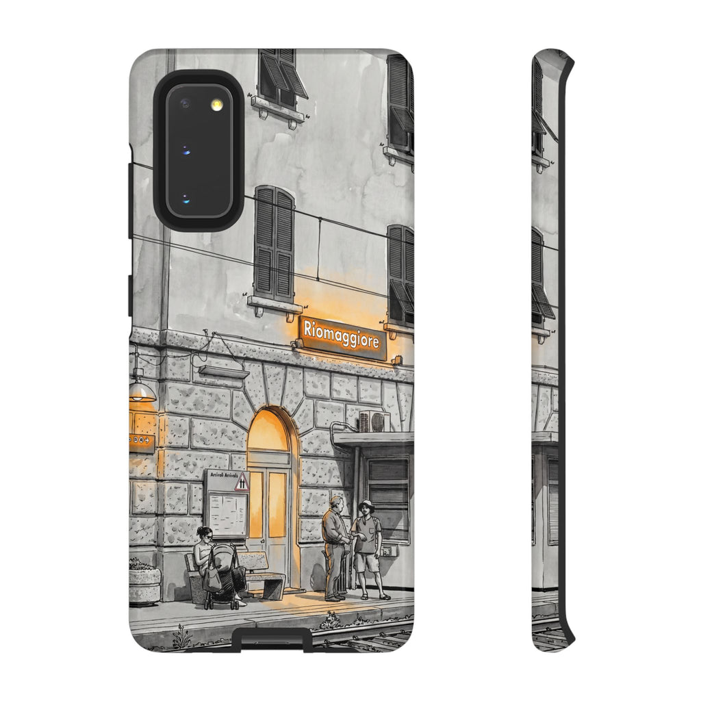 Custodia per Samsung Galaxy con stazione ferroviaria Cinque Terre | Schizzo in bianco e nero con accenti gialli caldi