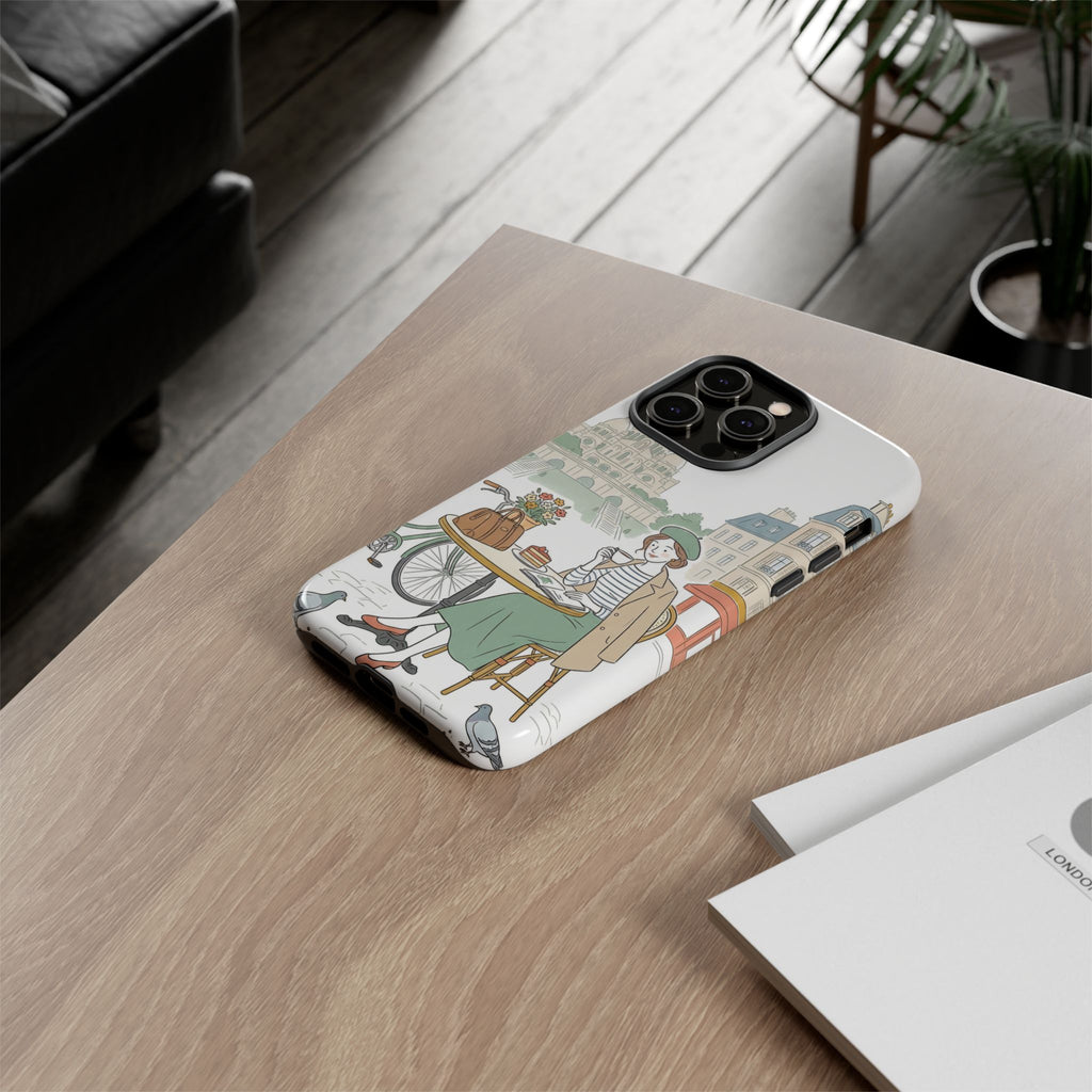 Cover protettiva per iPhone con illustrazione di caffè parigino | Biciclette e piccioni vintage