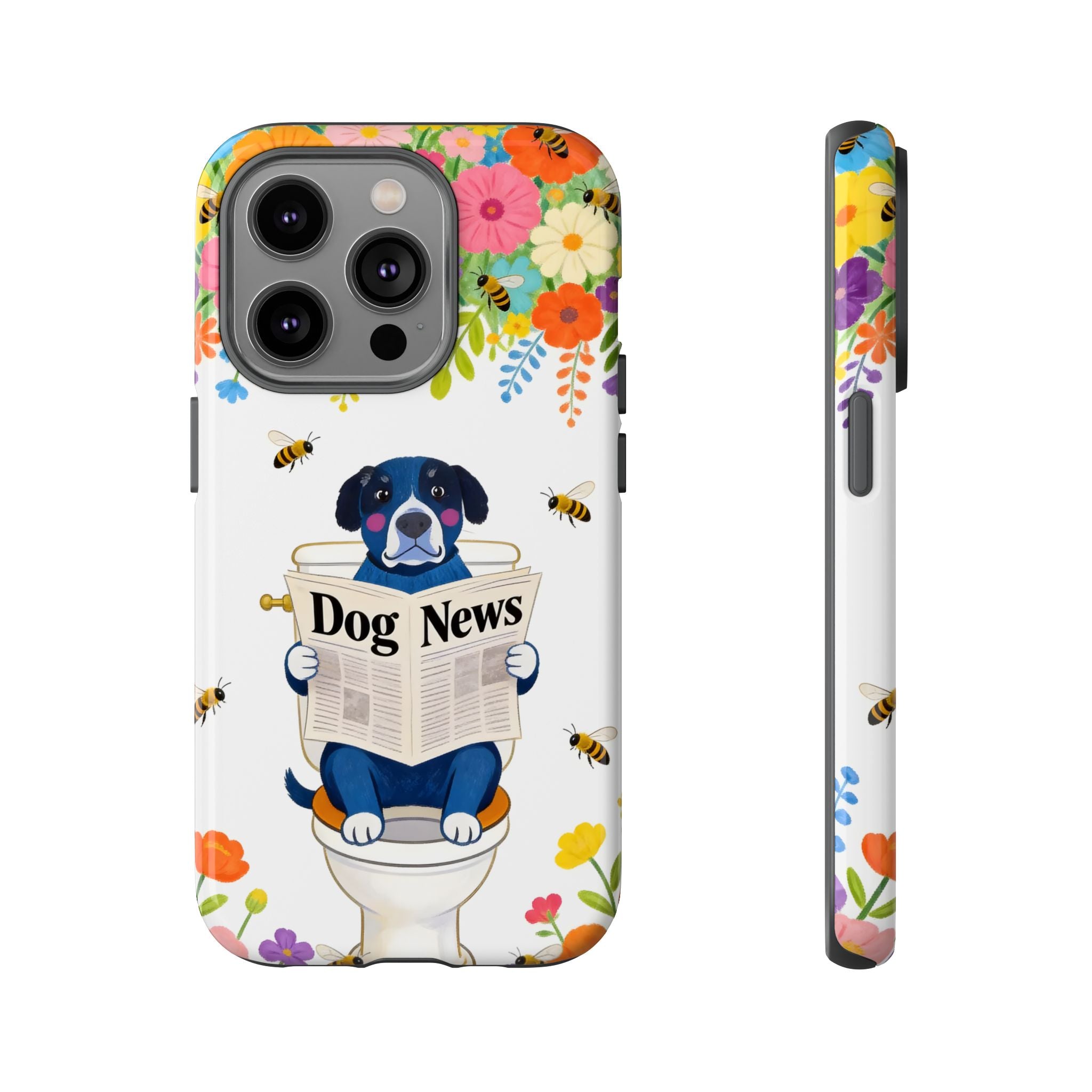 Dog News Floral iPhone Case | Cute Dog on Toilet Pattern, Spring Floral iPhone Cover