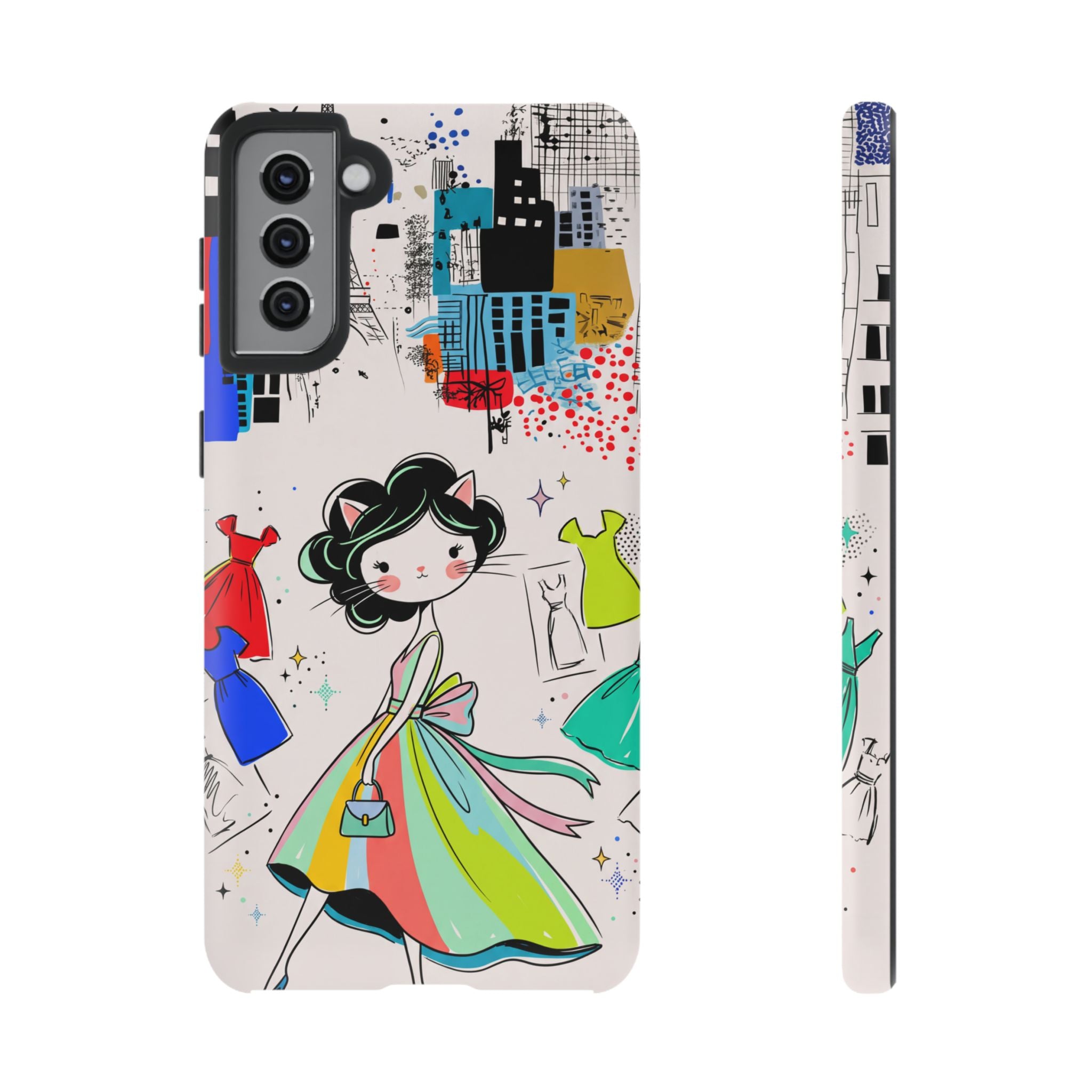 Retro Fashion Cat Girl Samsung Galaxy Phone Case | Cute Dress & City Print