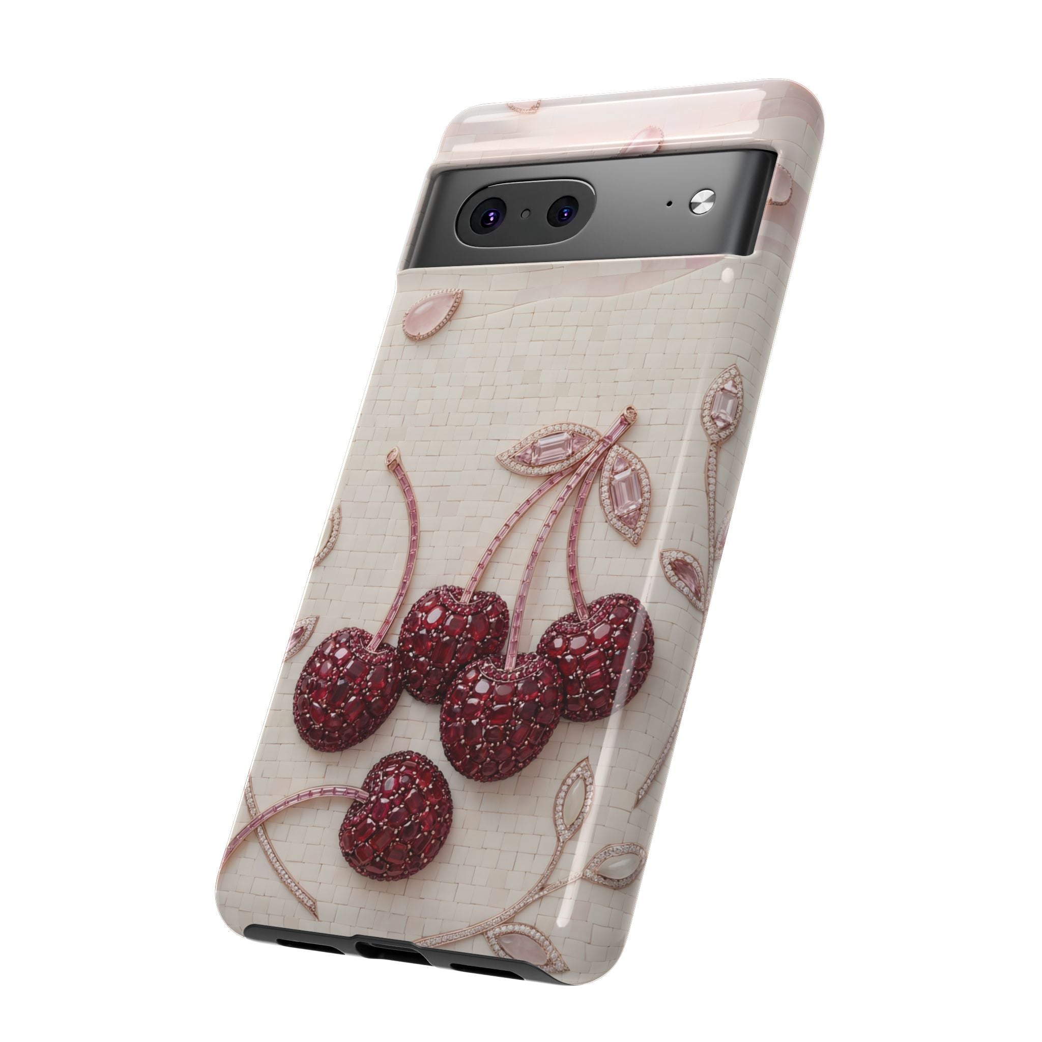 Cherry Embroidery Google Pixel Phone Case | Glitter Red Cherries Pattern