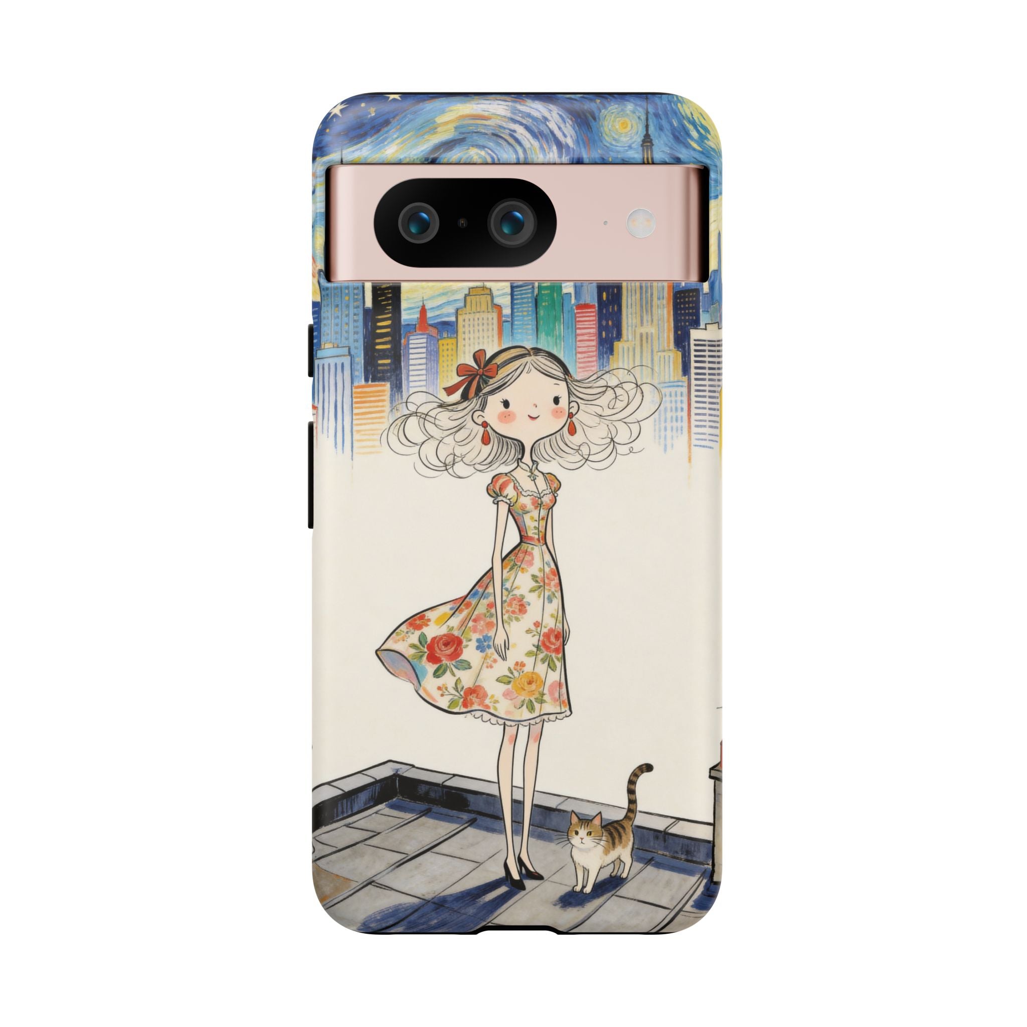 Artistic Girl Cityscape Google Pixel Phone Case | Cute Floral Dress Rooftop Design