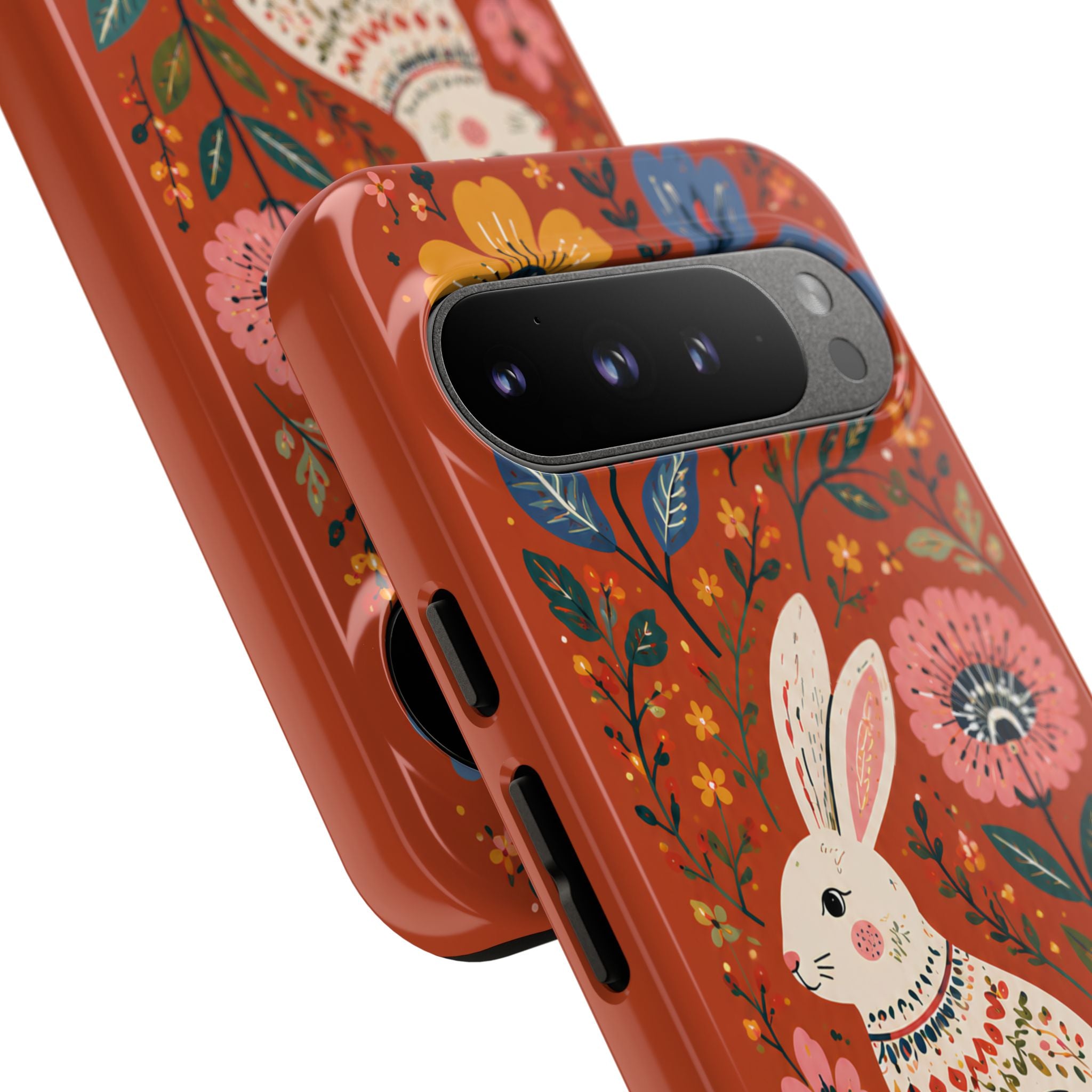 Floral Rabbit Tough Google Pixel Phone Case | Protective Phone Case with Folk Art Bunny Design