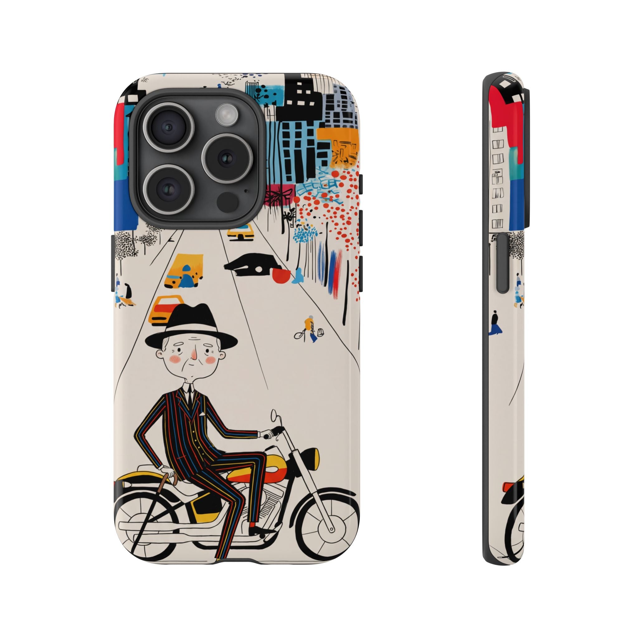 Vintage Grandpa Rider Motorcycle iPhone Case | Illustrated Cityscape