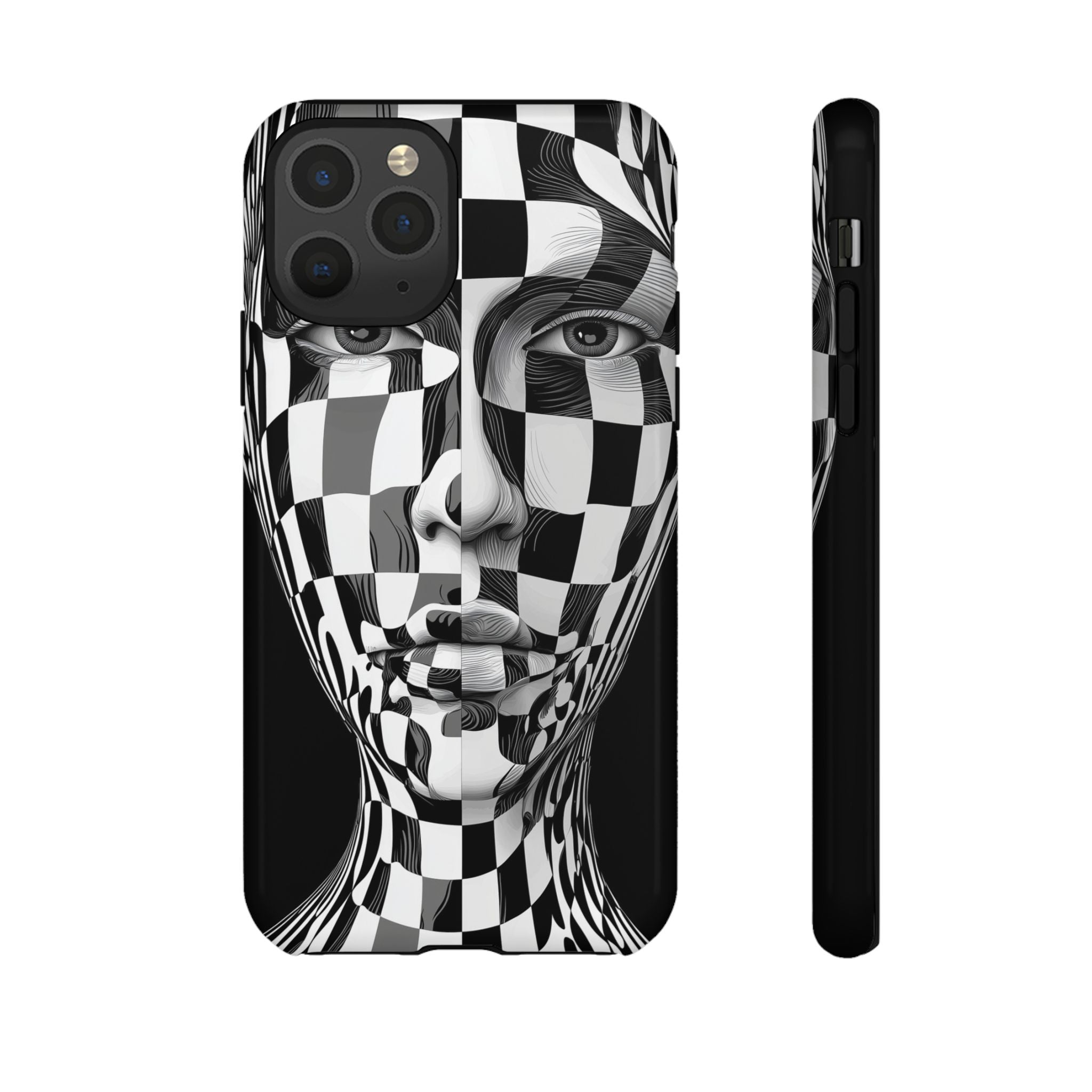Checkerboard Face Tough iPhone Case — Black & White Surreal Art Protective Cover
