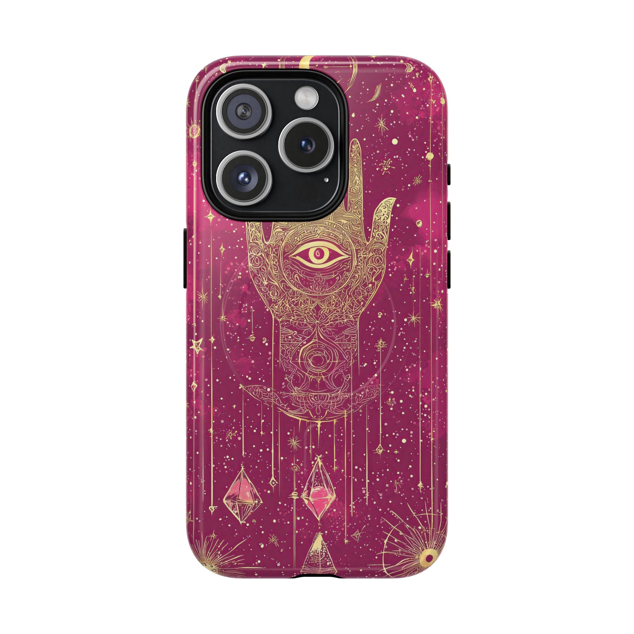 Custodia MagSafe per iPhone Mystic Hamsa | Palma dorata e occhio onniveggente su galassia magenta