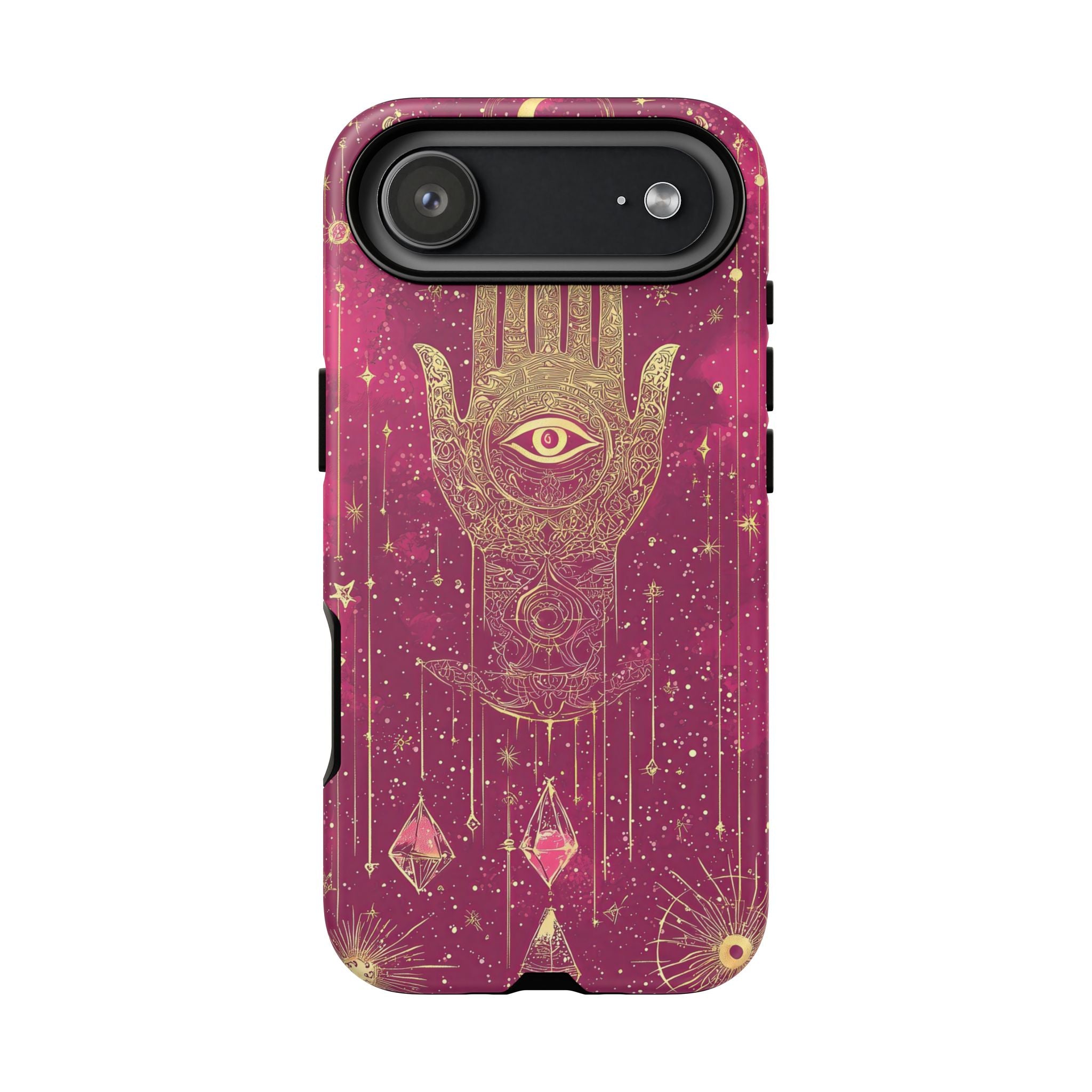 Mystic Hamsa iPhone Case | Gold Palm & All-Seeing Eye on Magenta Galaxy
