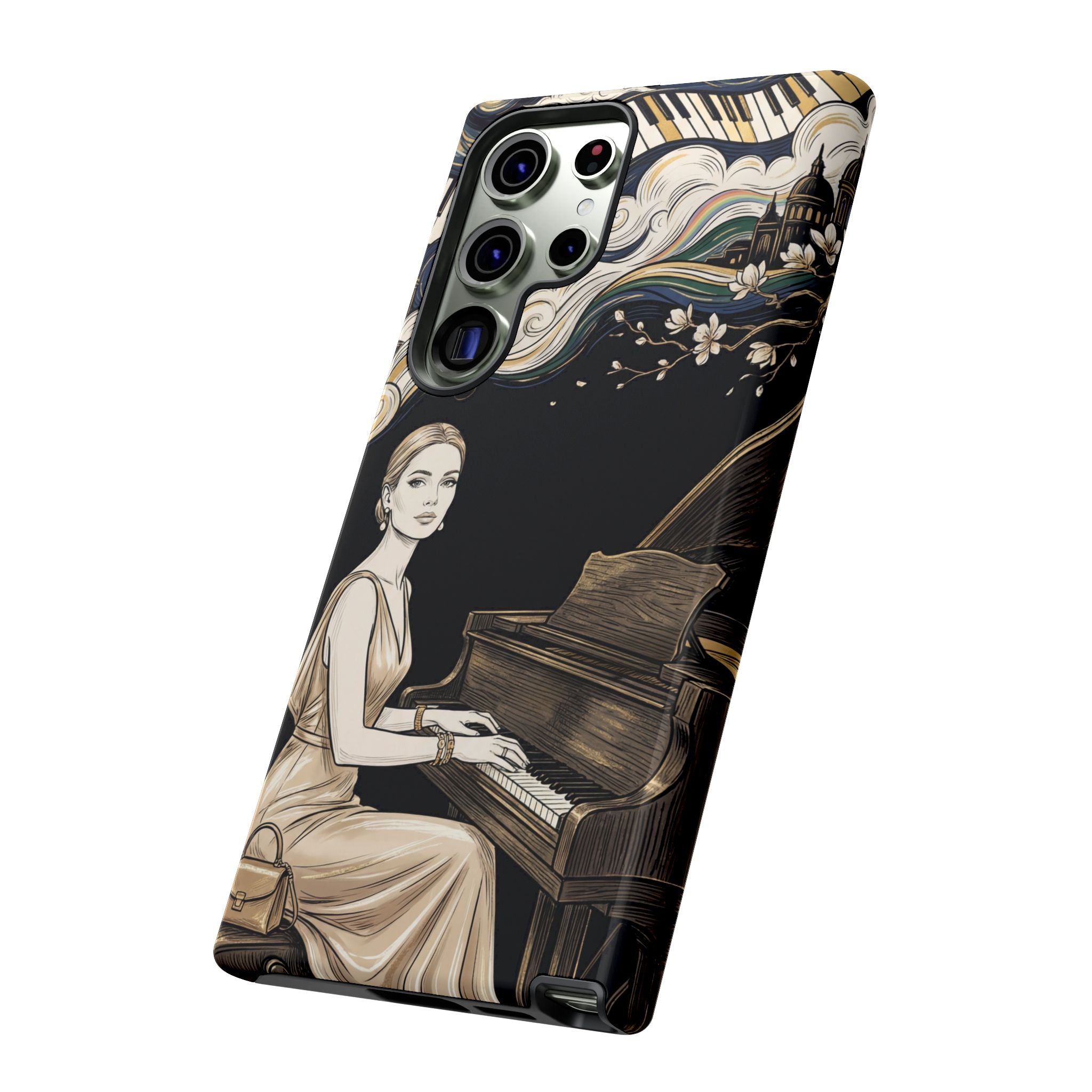Elegant Piano Woman Samsung Galaxy Phone Case | Vintage Art Deco Music Design