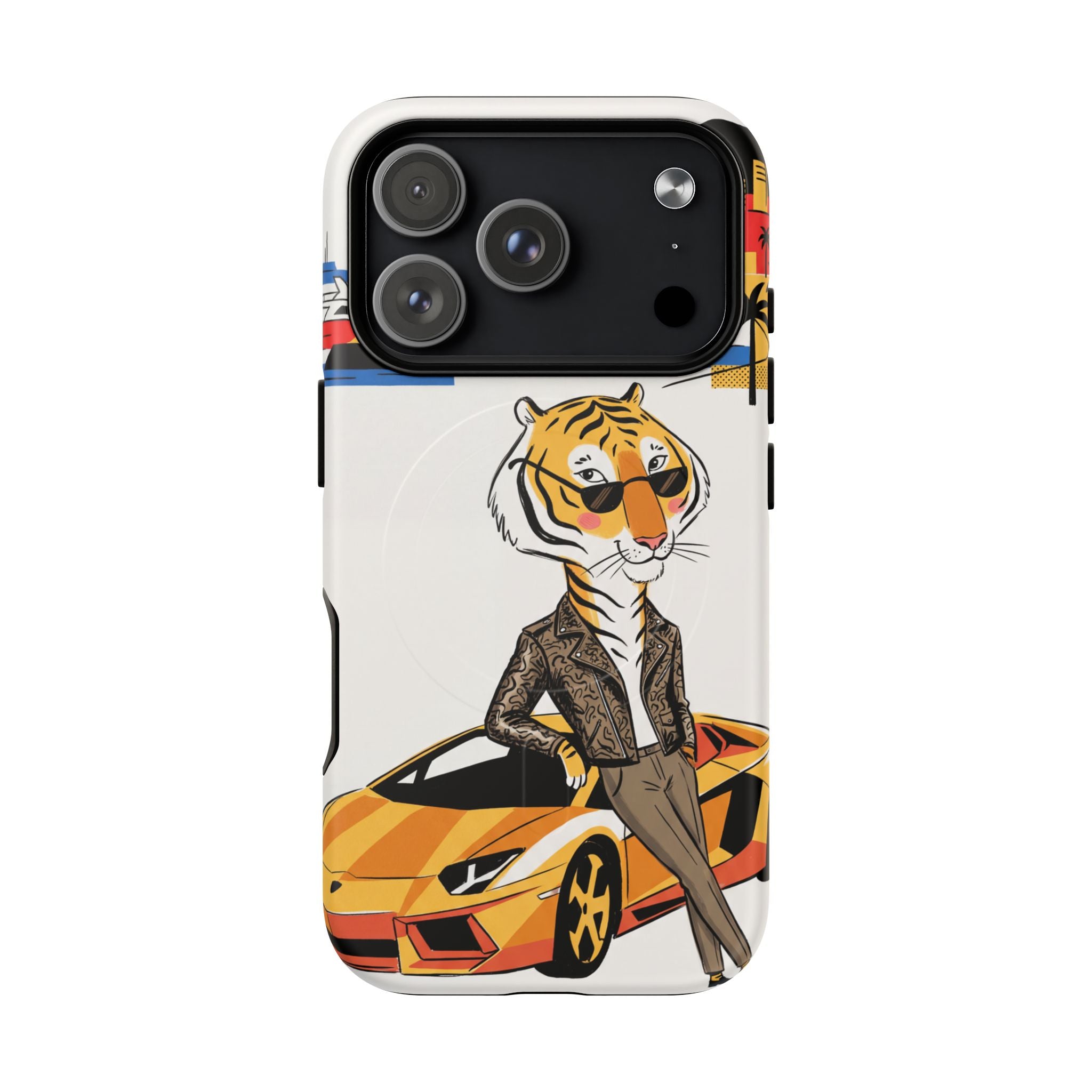 Stylish Tiger with Sports Car Illustration MagSafe iPhone Case