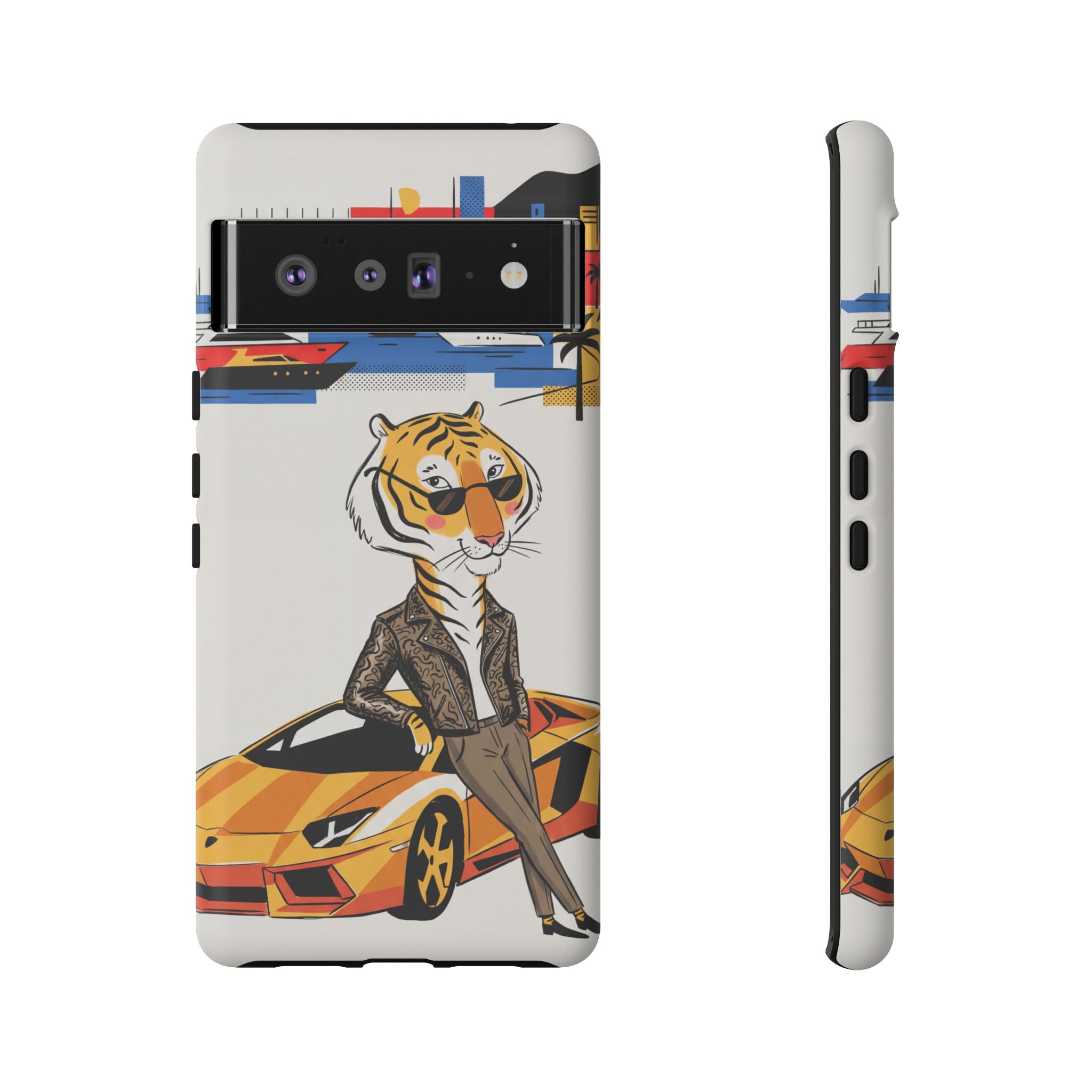 Stylish Tiger with Sports Car Illustration Google Pixel Phone Case