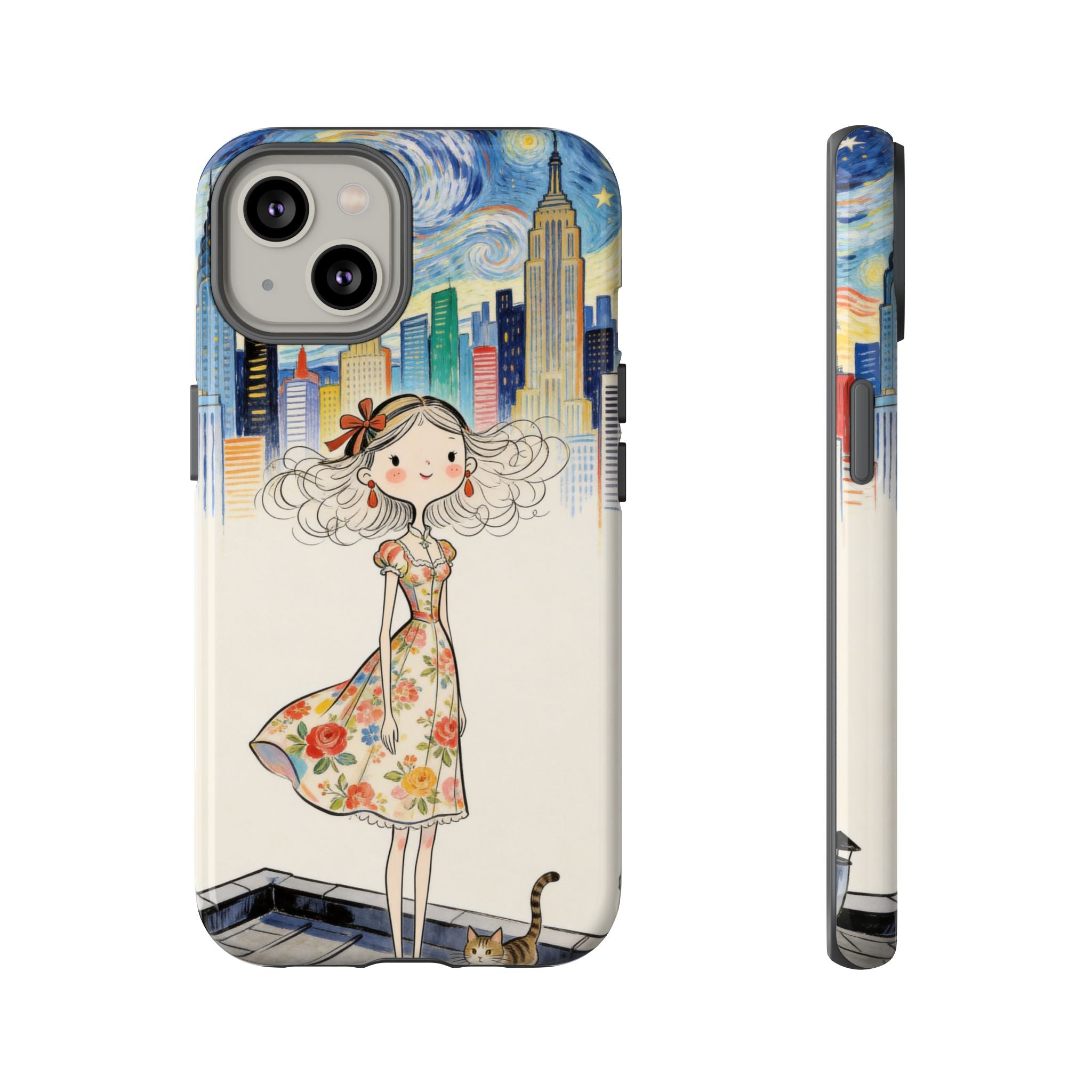 Artistic Girl Cityscape iPhone Case | Cute Floral Dress Rooftop Design