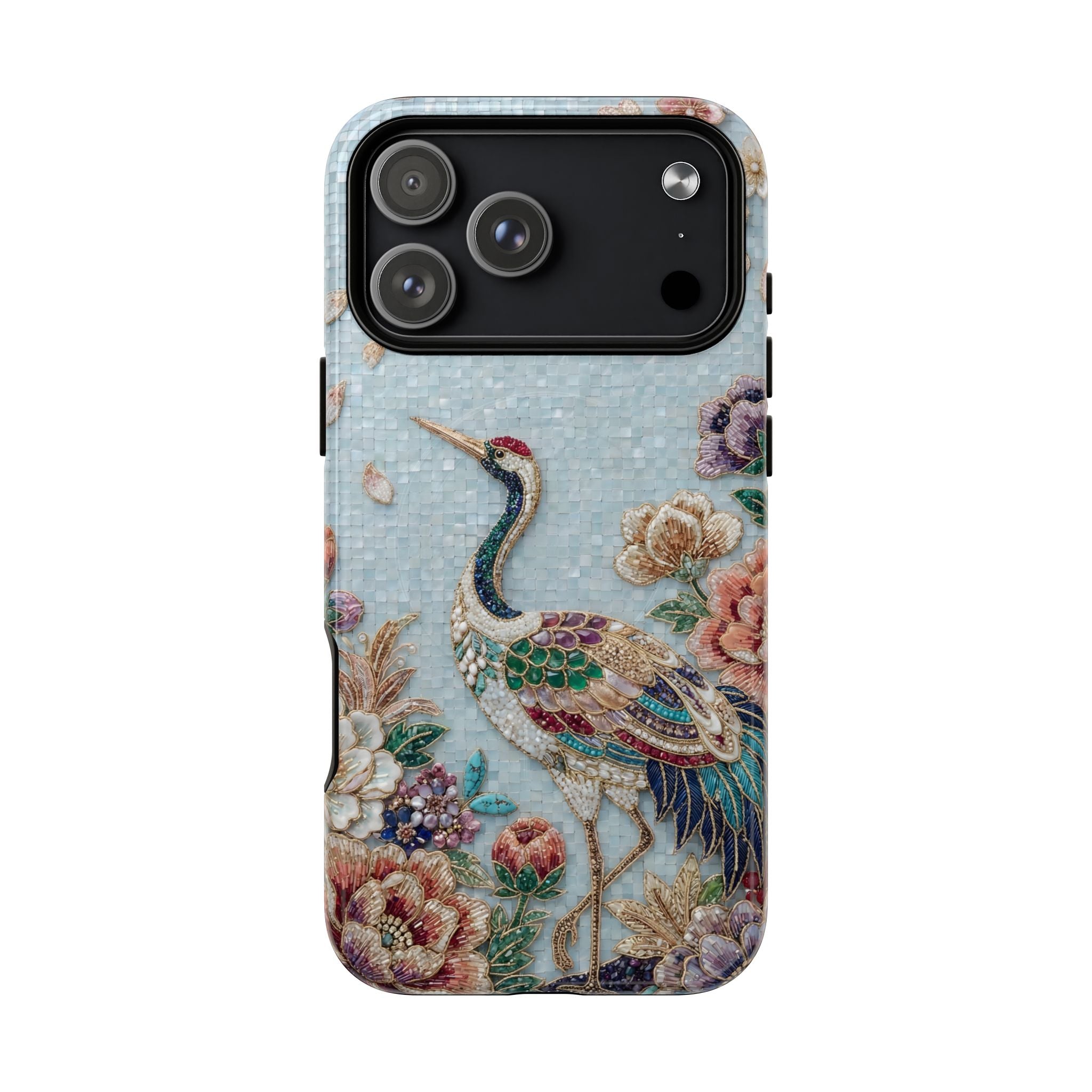 Floral Crane Tough MagSafe iPhone Case | Vintage Embroidered Bird Protection