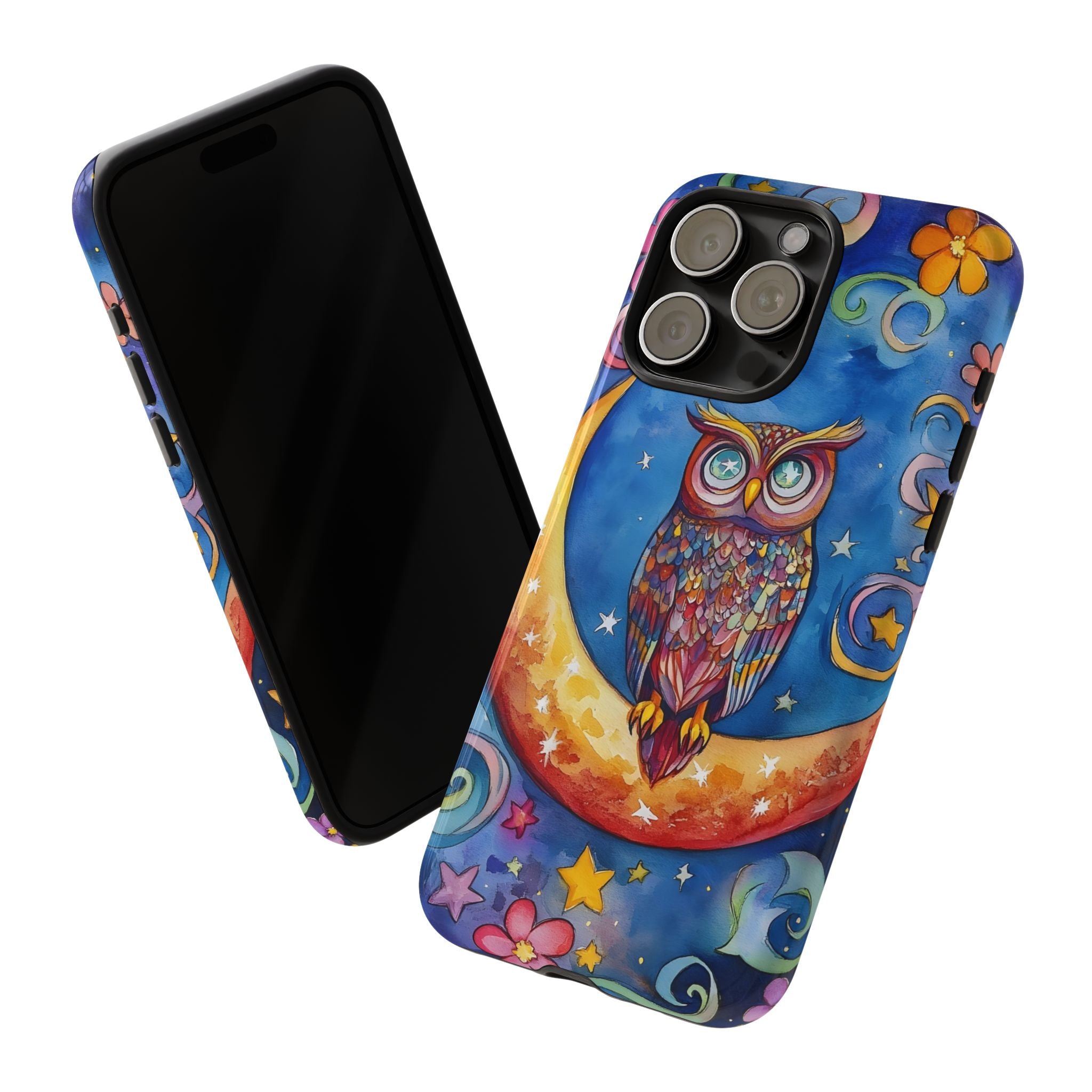 Owl on Crescent Moon iPhone Case — Colourful Whimsical Night Sky Design