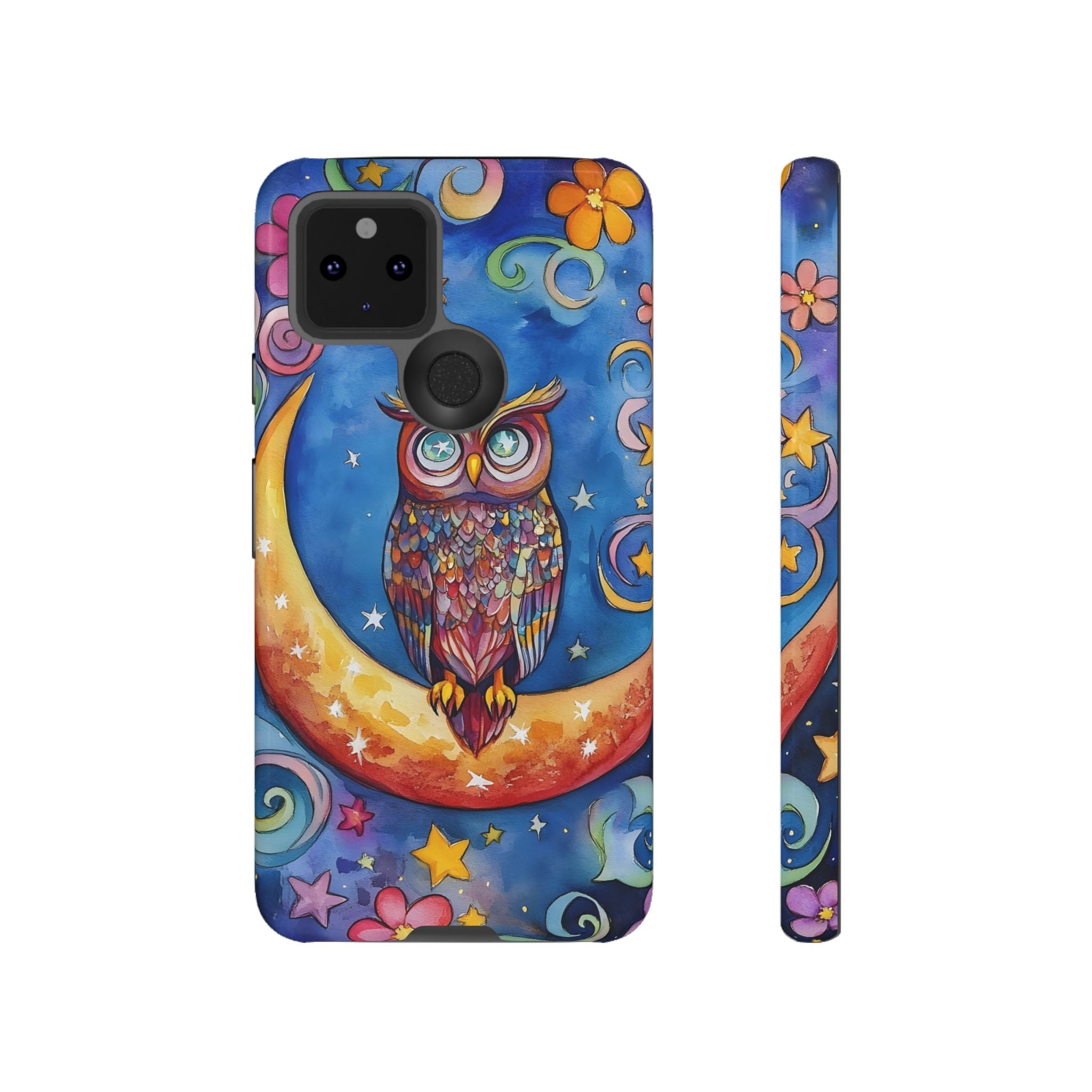 Owl on Crescent Moon Google Pixel Case — Colourful Whimsical Night Sky Design