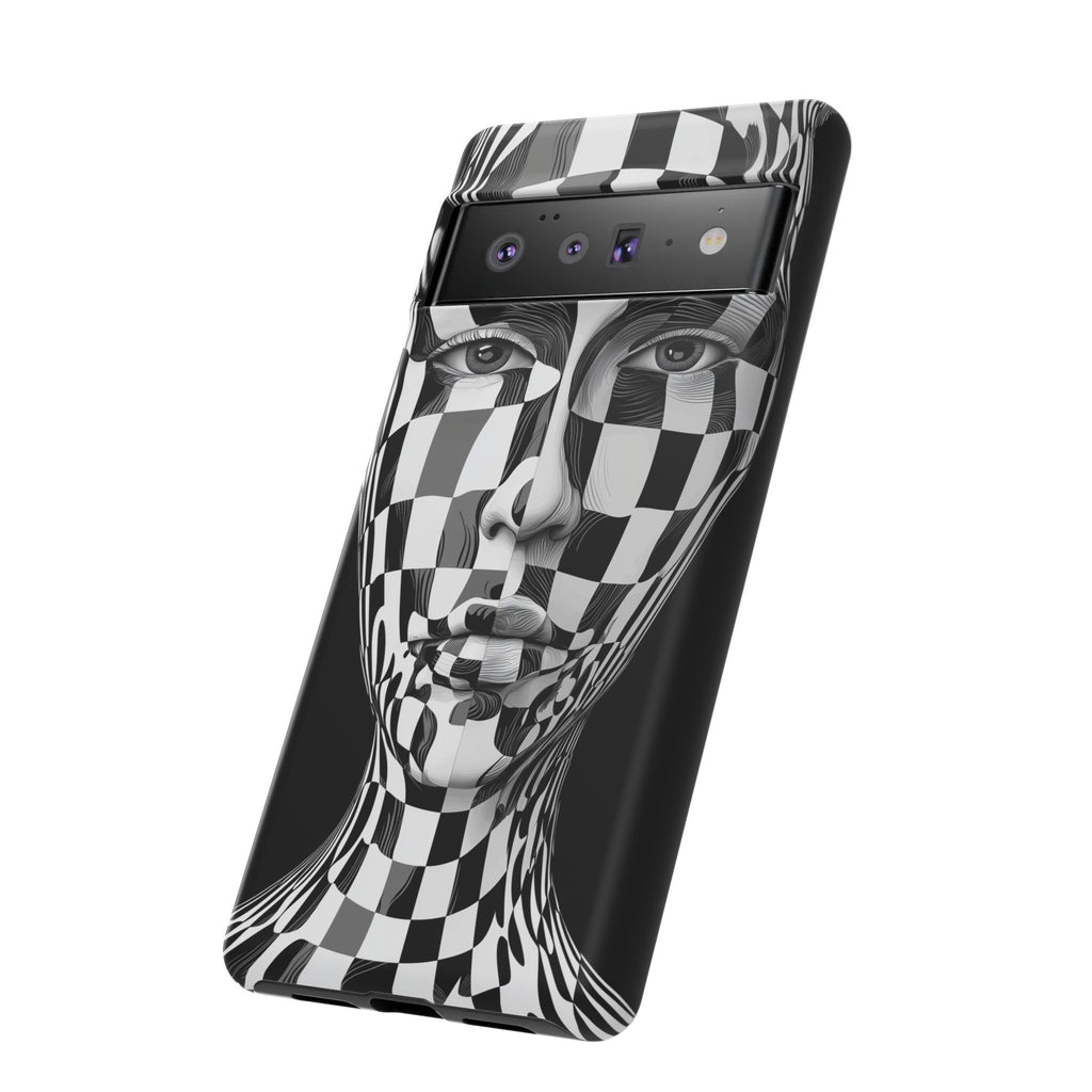 Checkerboard Face Tough Google Pixel Case — Black & White Surreal Art Protective Cover