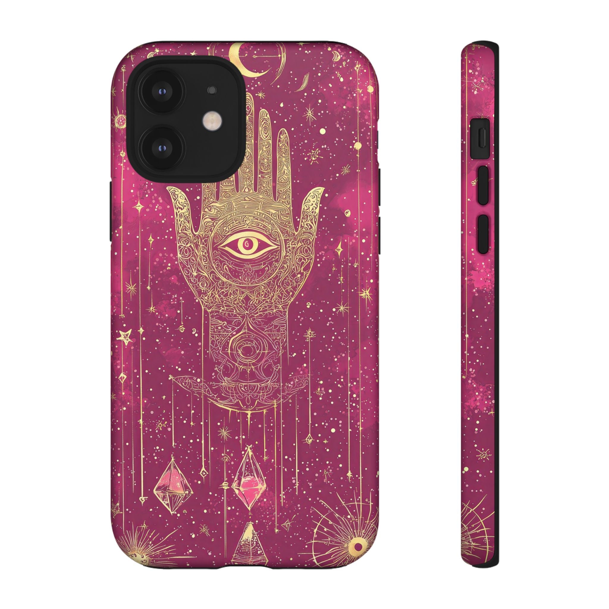 Mystic Hamsa iPhone Case | Gold Palm & All-Seeing Eye on Magenta Galaxy