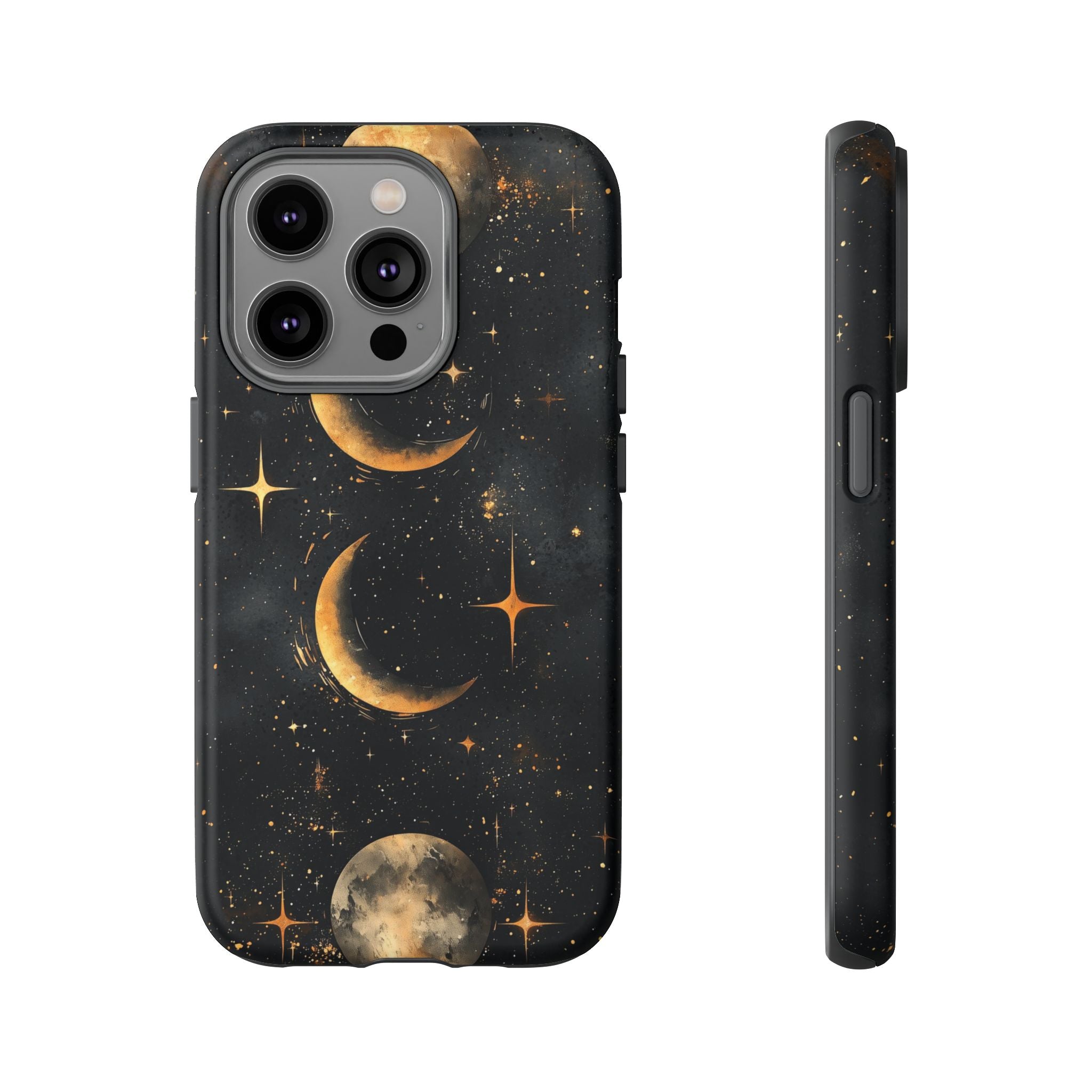 Celestial Moon Phases Tough iPhone Case | Gold Crescent & Full Moon Galaxy Design
