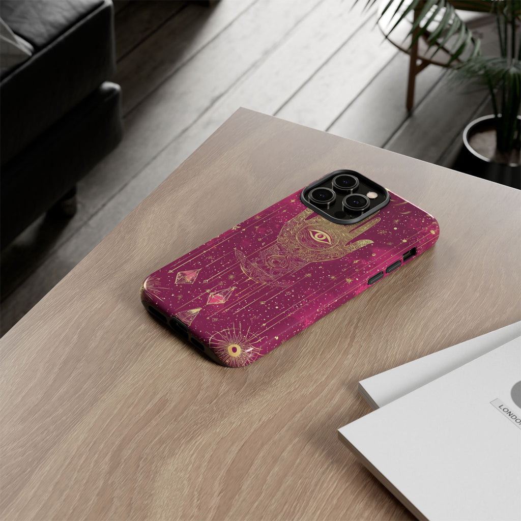 Mystic Hamsa iPhone Case | Gold Palm & All-Seeing Eye on Magenta Galaxy