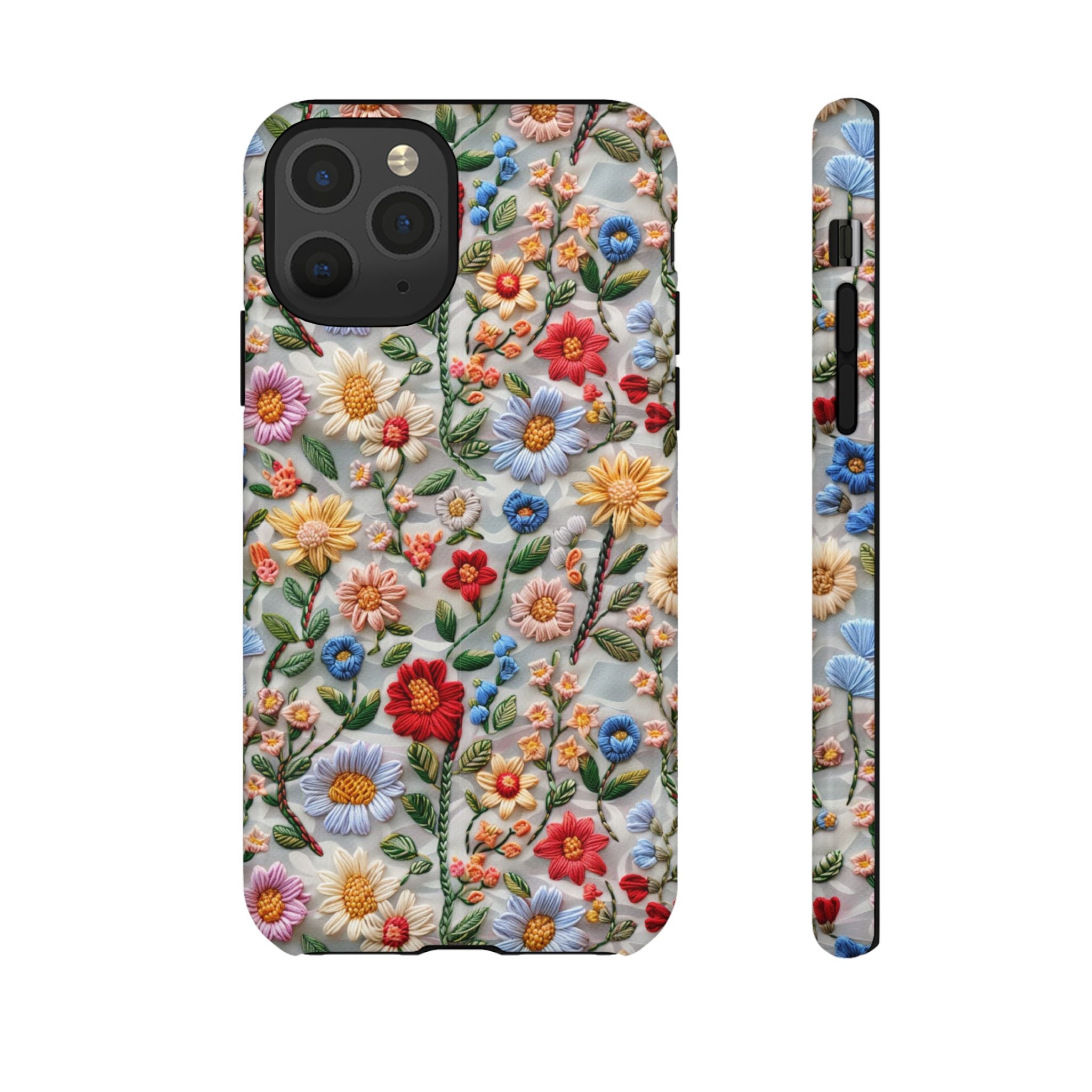 Floral Embroidered Pattern Tough iPhone Case — Colourful Daisy & Wildflower Design