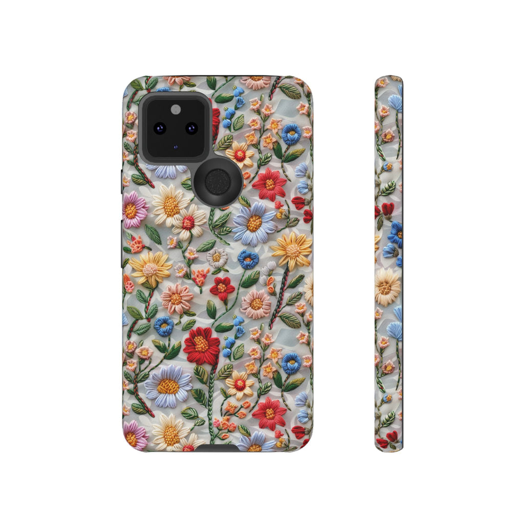 Floral Embroidered Pattern Tough Google Pixel Case — Colourful Daisy & Wildflower Design