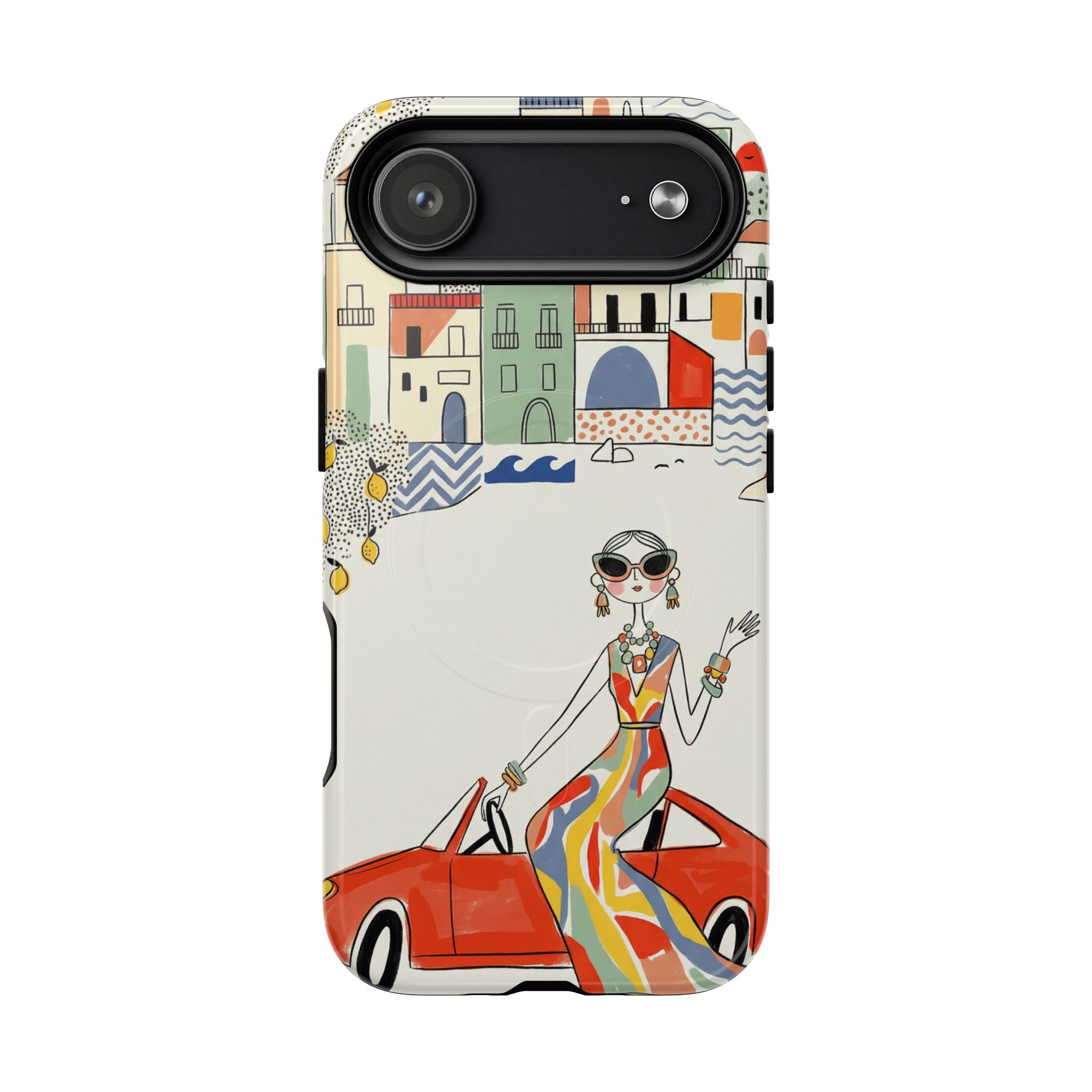 Stylish Riviera MagSafe iPhone Case | Chic Retro Woman in Convertible Design