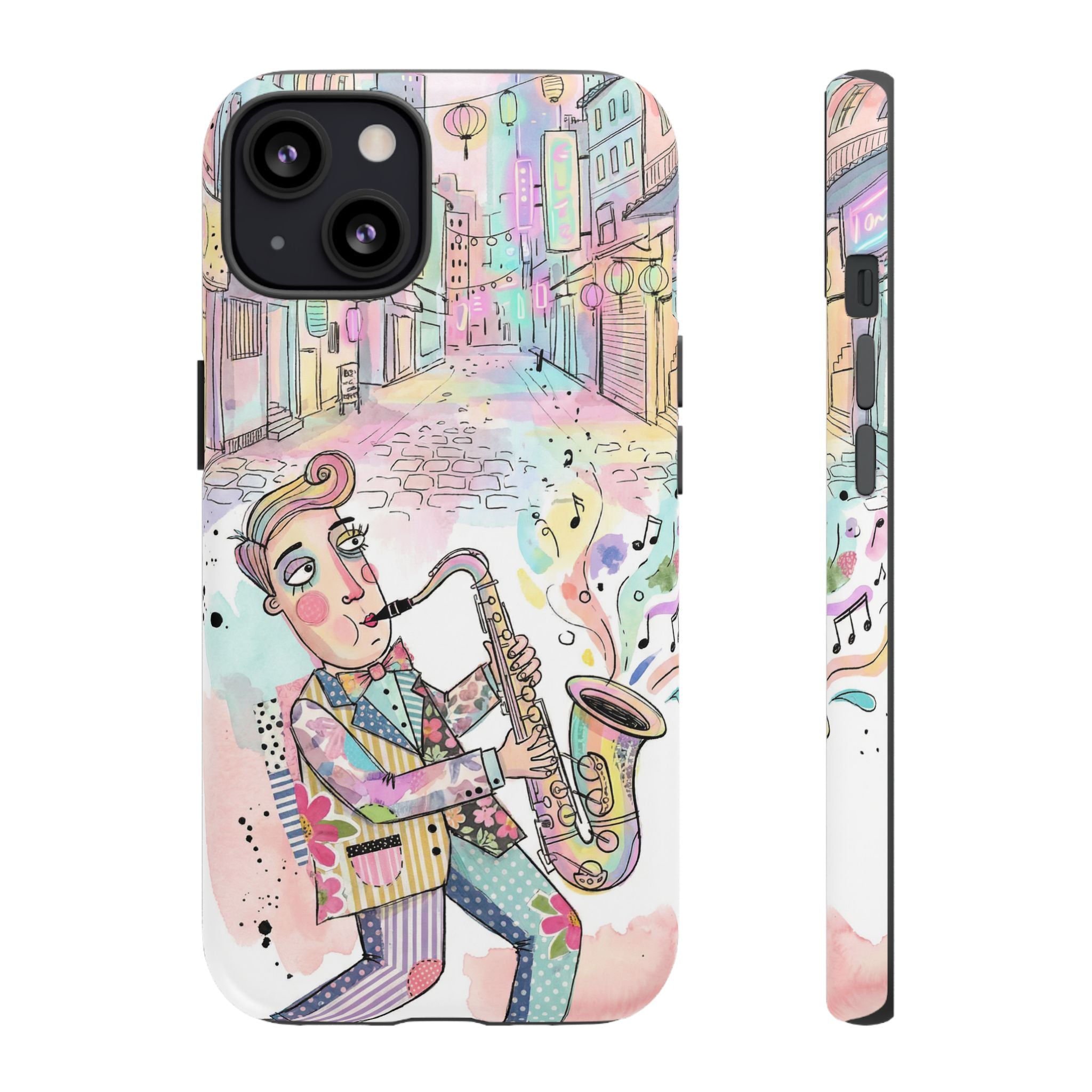 Sax Player Art iPhone Case | Pastel Jazz Street Illustration