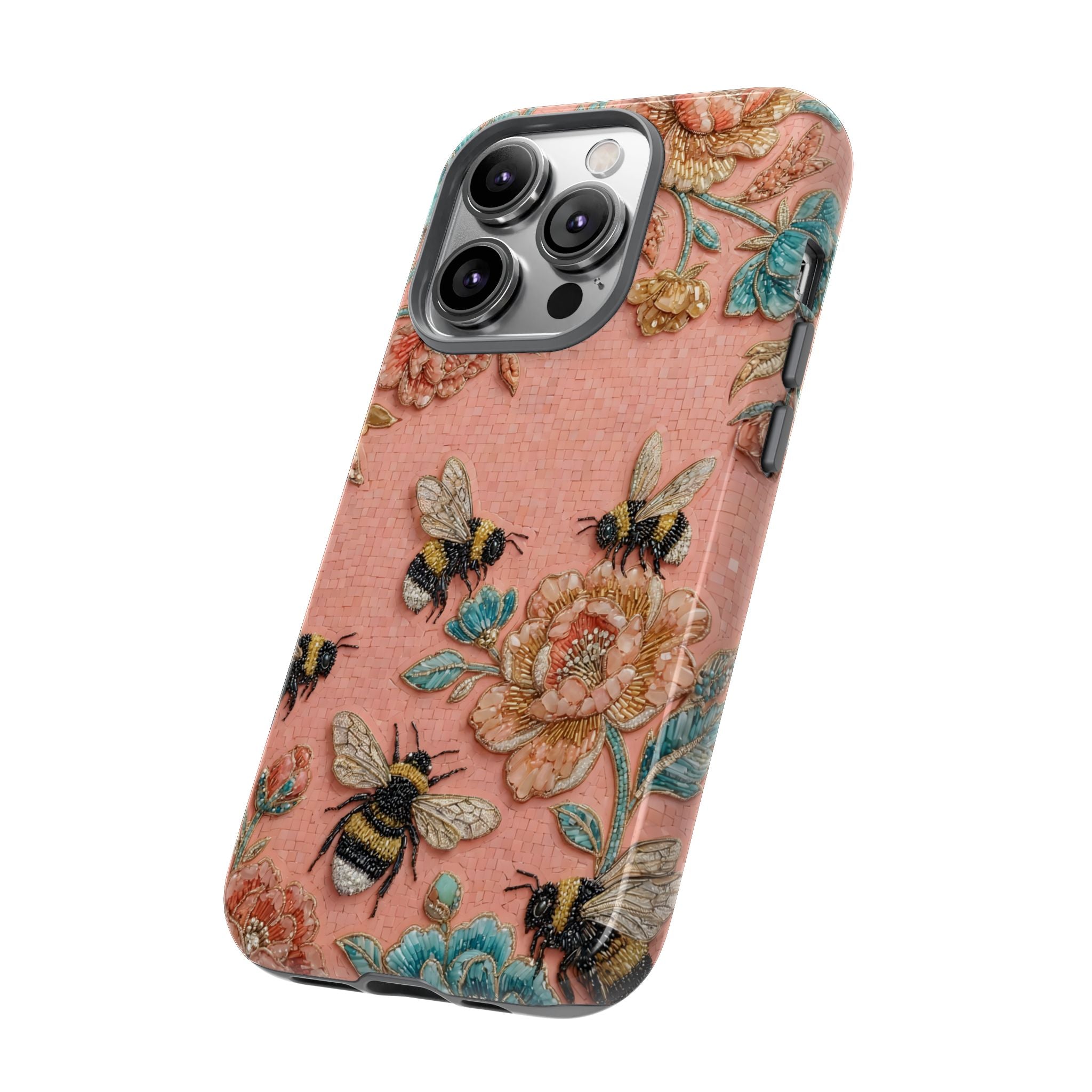 Floral Bee Tough iPhone Case | Vintage Pink Garden Protective Cover