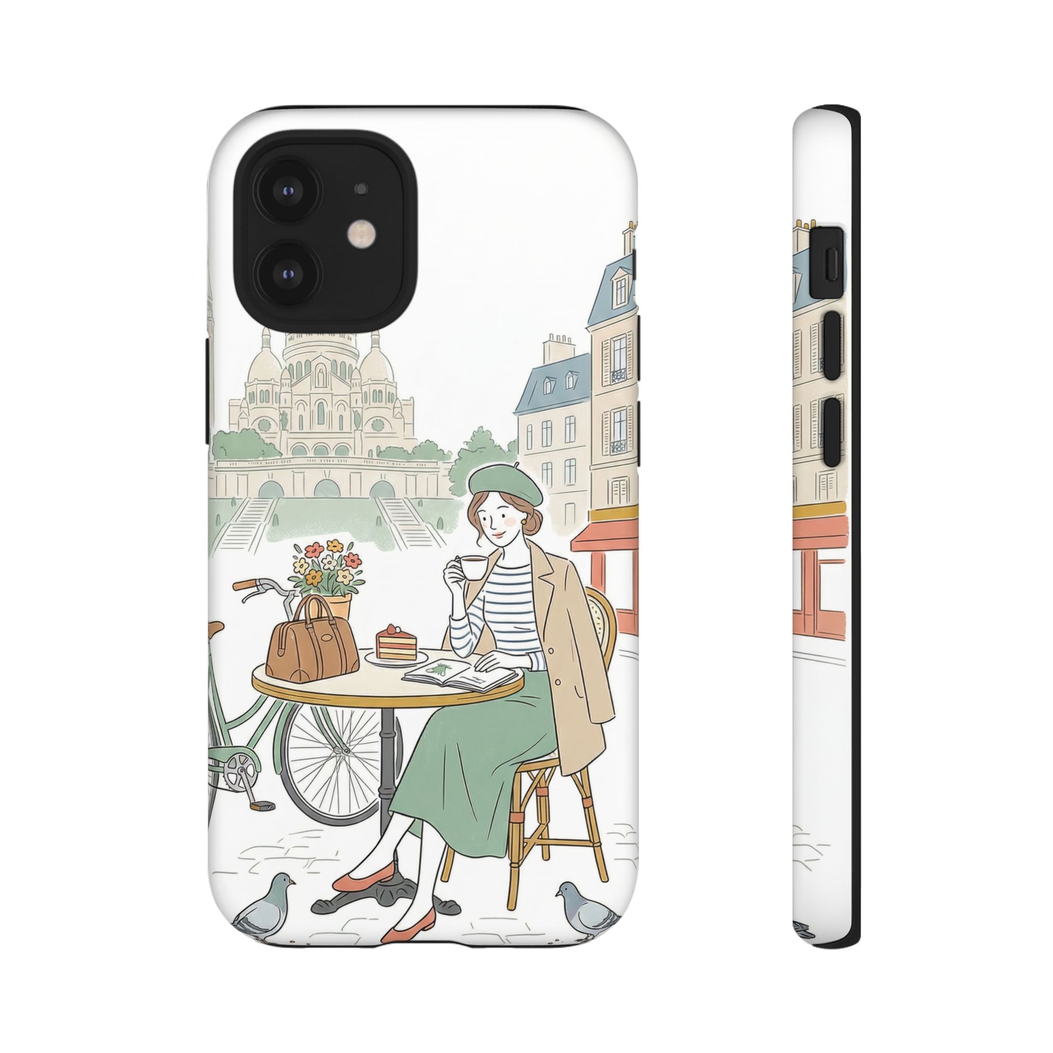 Paris Cafe Illustration iPhone Case | Vintage Bicycles & Pigeons Protective Cover