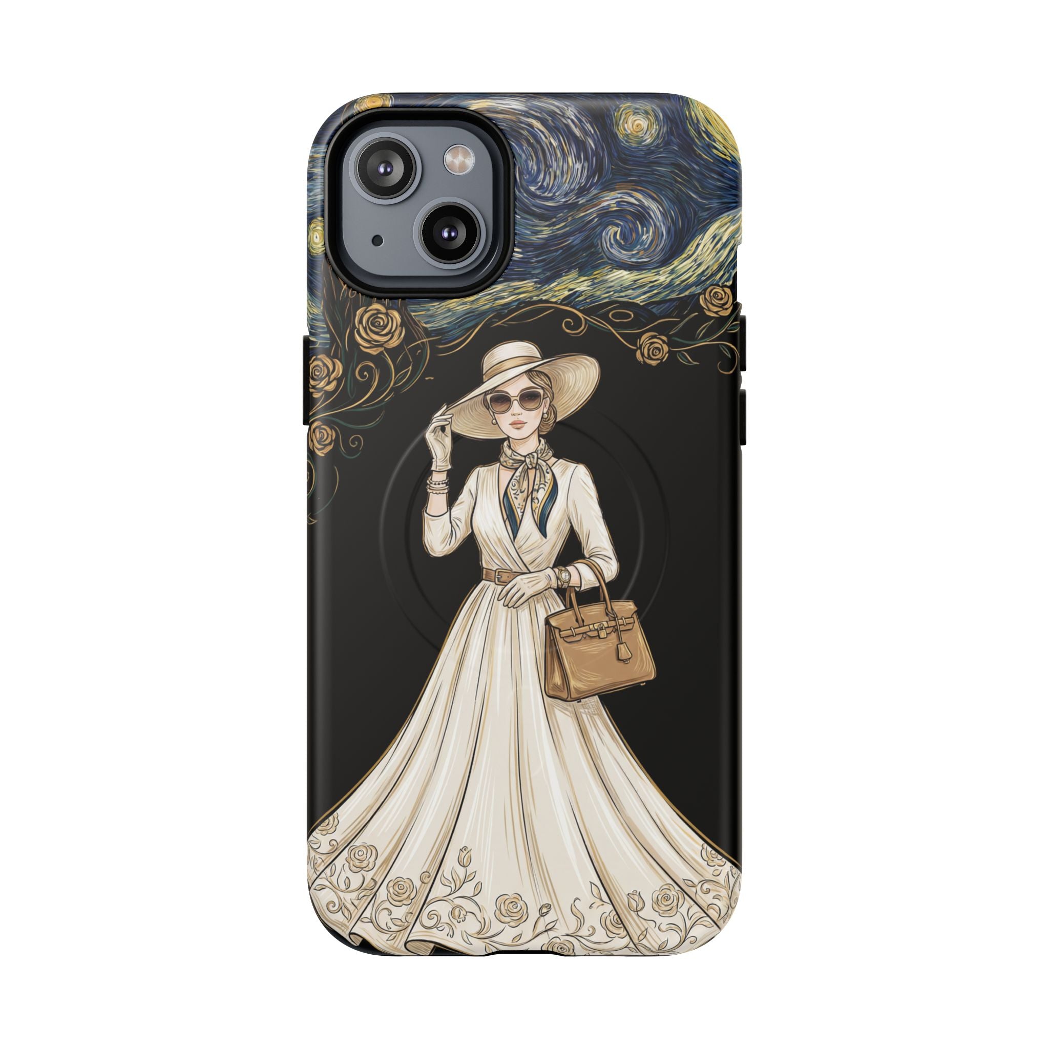 Vintage Starry Night Fashion MagSafe iPhone Case | Elegant Lady in White Dress