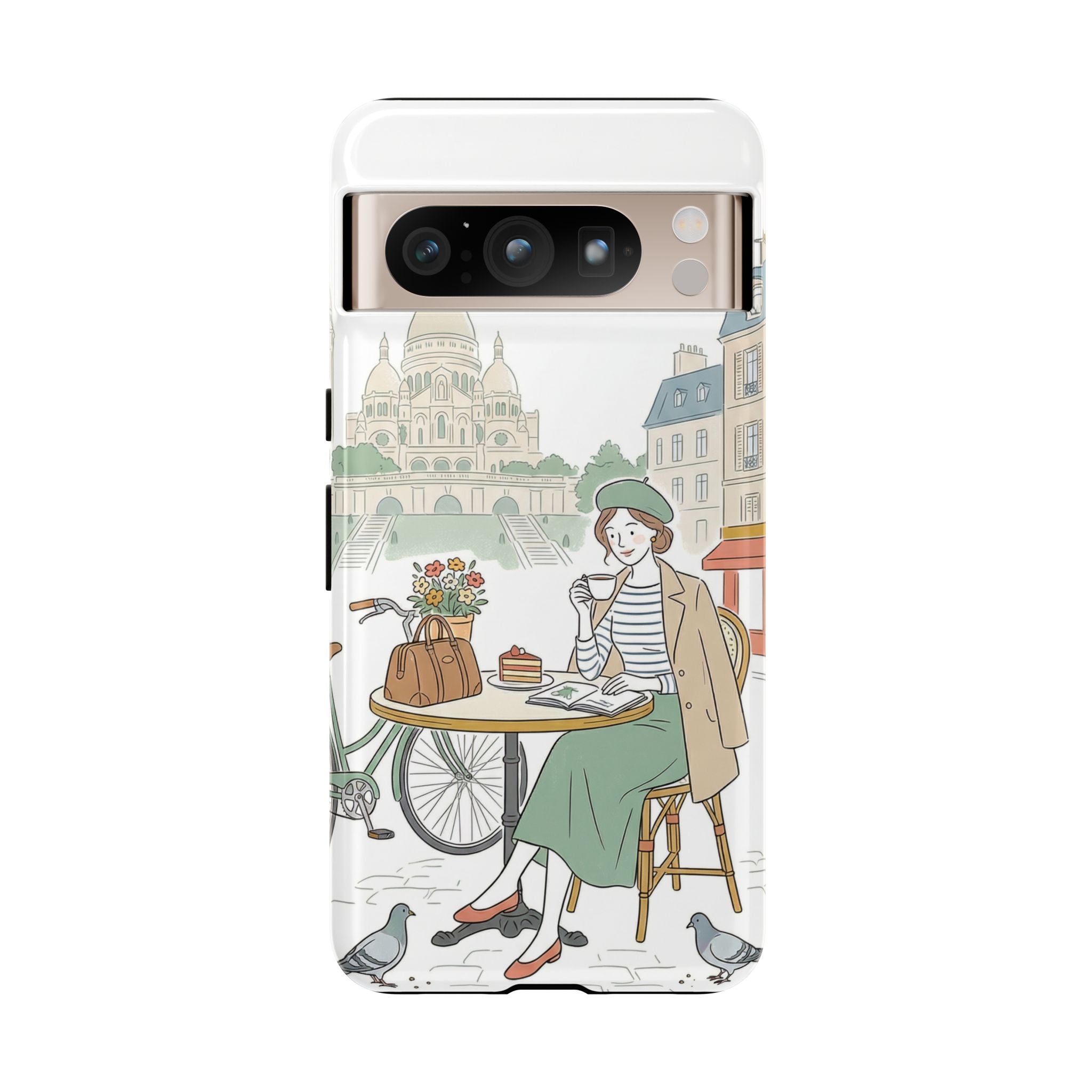 Paris Cafe Illustration Google Pixel Phone Case | Vintage Bicycles & Pigeons Protective Cover