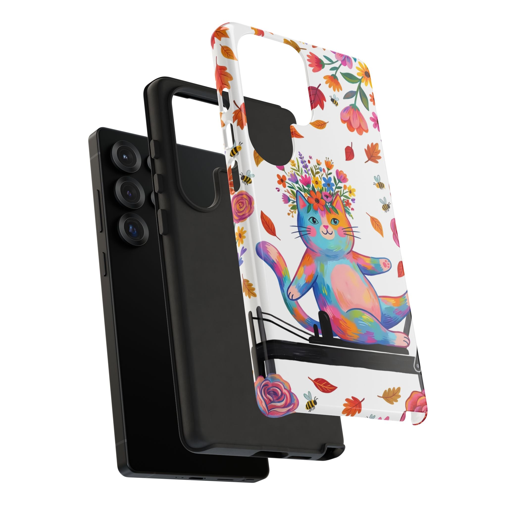 Colorful Floral Cat on Pilates Reformer Protective Samsung Galaxy Phone Case