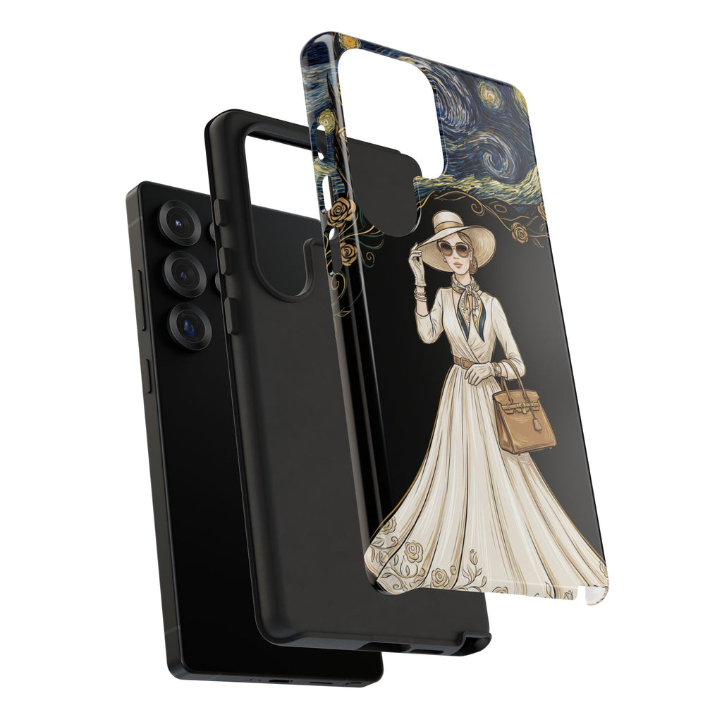 Vintage Starry Night Fashion Samsung Galaxy Phone Case | Elegant Lady in White Dress