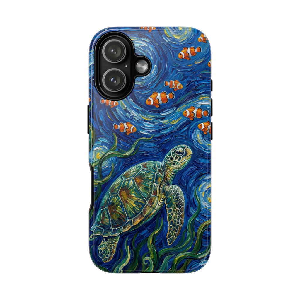 Sea Turtle & Clownfish Tough iPhone Case | Van Gogh Style Ocean Art