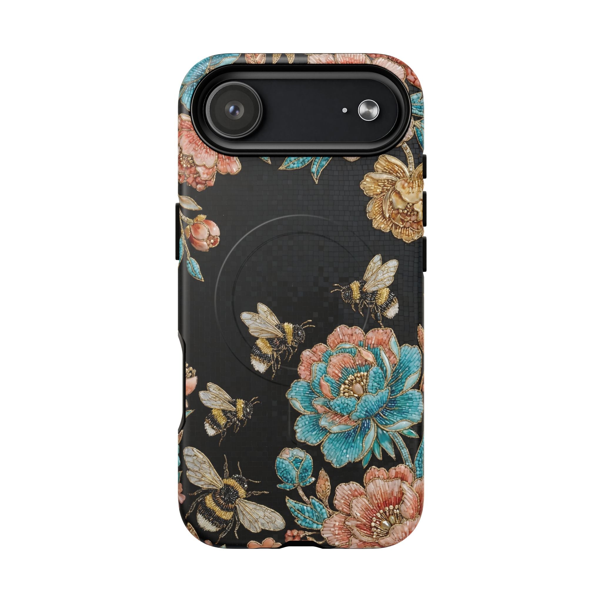 Floral Bees Tough MagSafe iPhone Case | Vintage Rose & Bumblebee Protective Cover