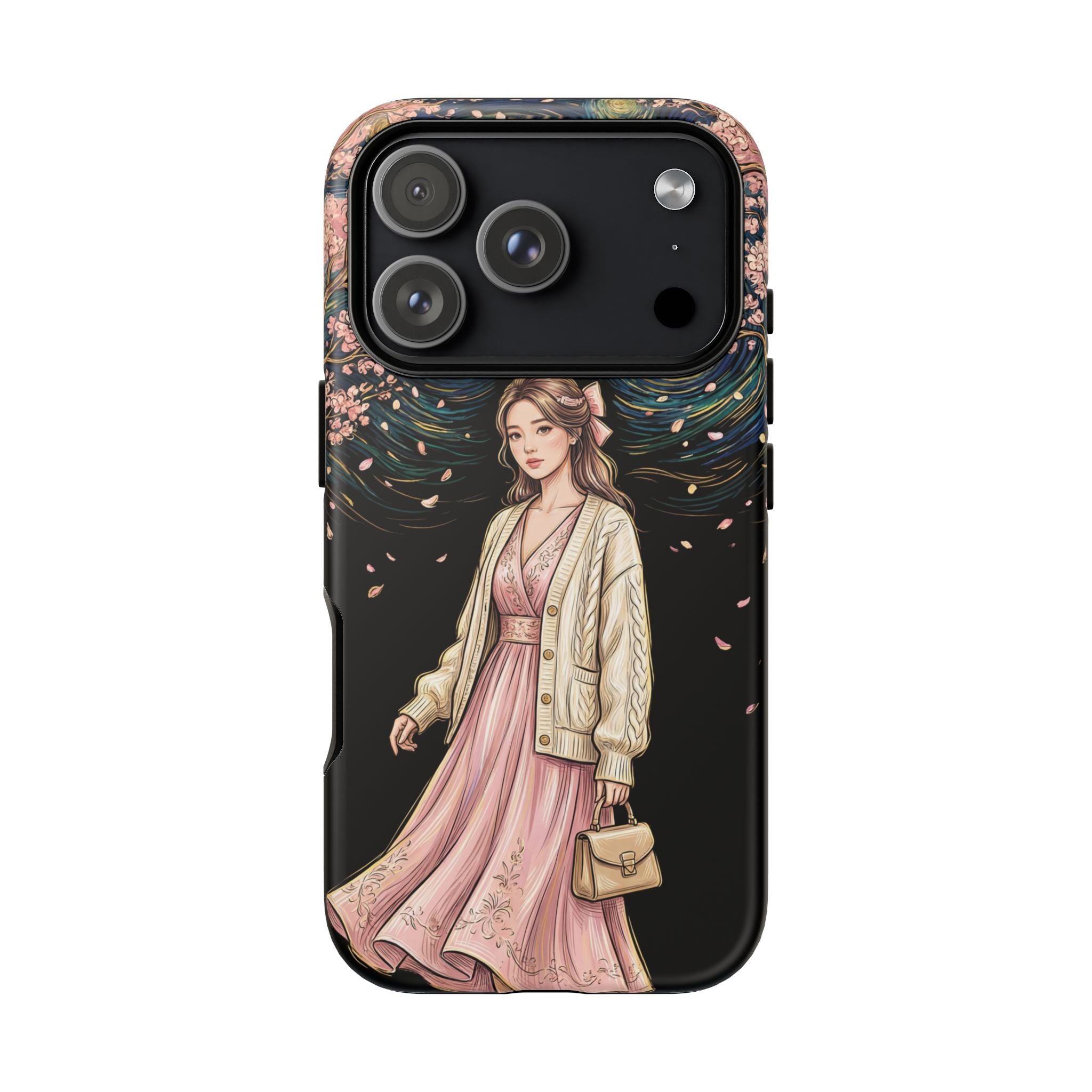 Floral Starry Night iPhone Case | Elegant Girl in Pink Dress