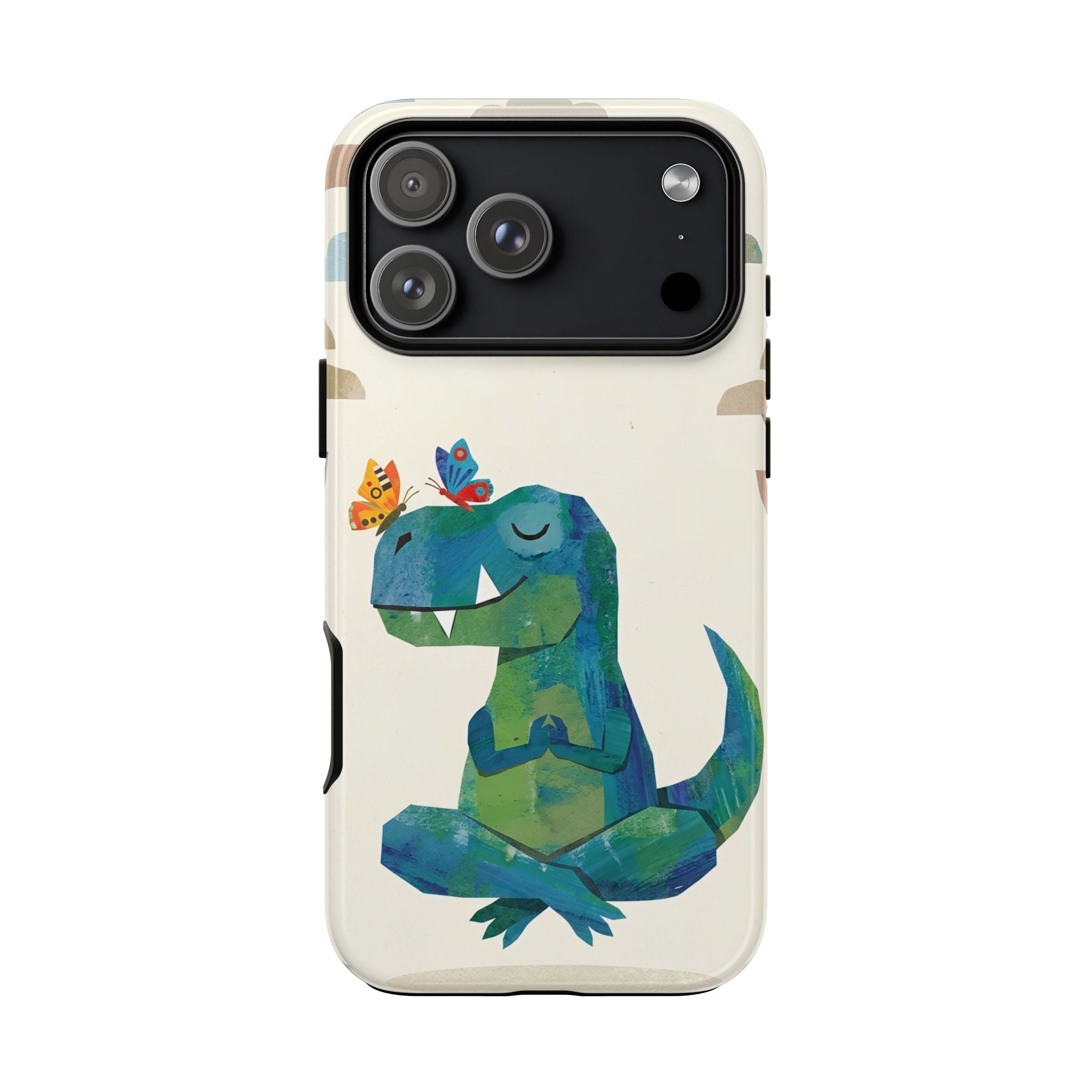 Meditating Dinosaur iPhone Case | Cute T-Rex with Butterflies and Bonsai