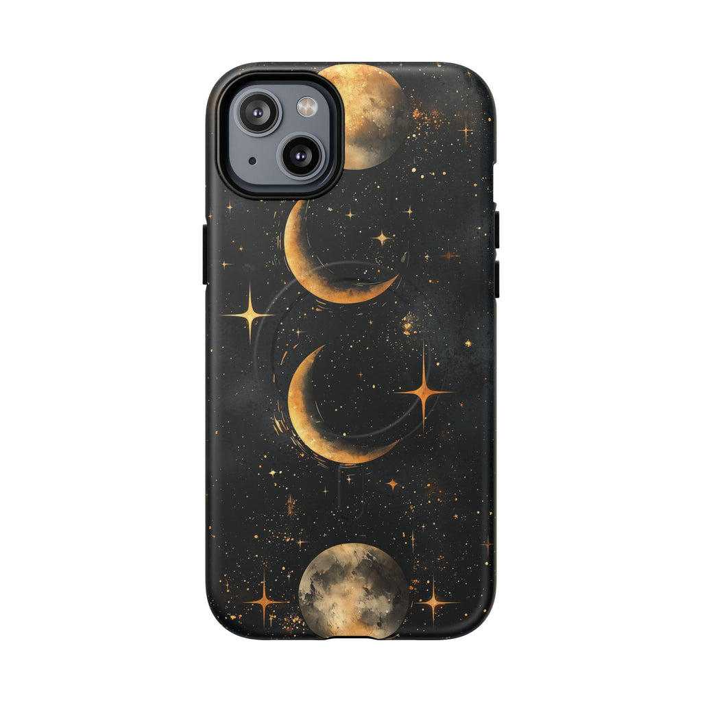 Custodia rigida MagSafe per iPhone con fasi lunari celestiali | Design a forma di galassia con mezzaluna dorata e luna piena
