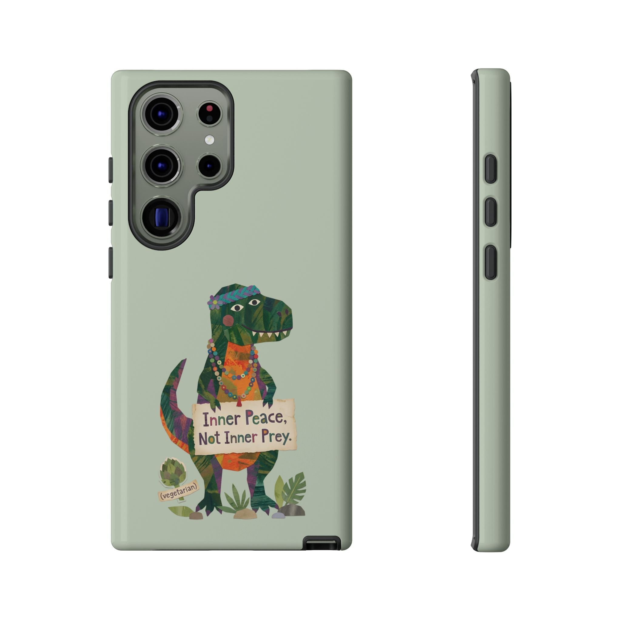 Funny T Rex Tough Samsung Galaxy Phone Case | Sage Green Inner Peace Dinosaur Cover