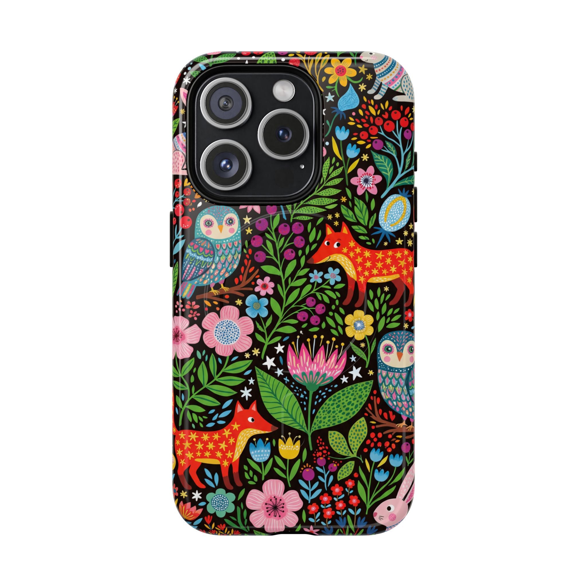 Floral Woodland MagSafe iPhone Case | Colourful Fox & Owl Protective Cover