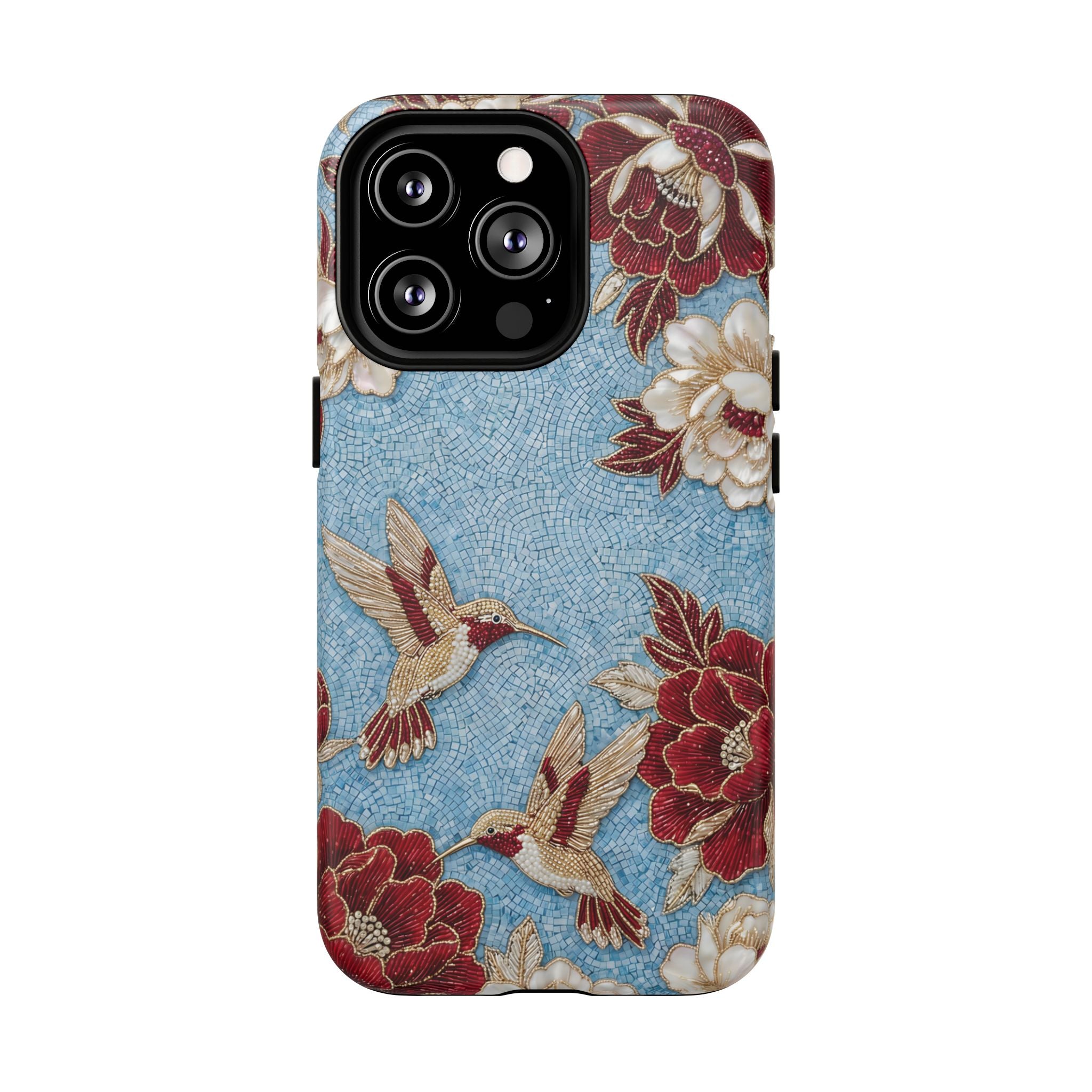 Floral Hummingbird Tough MagSafe iPhone Case | Vintage Blue & Burgundy Botanical Design