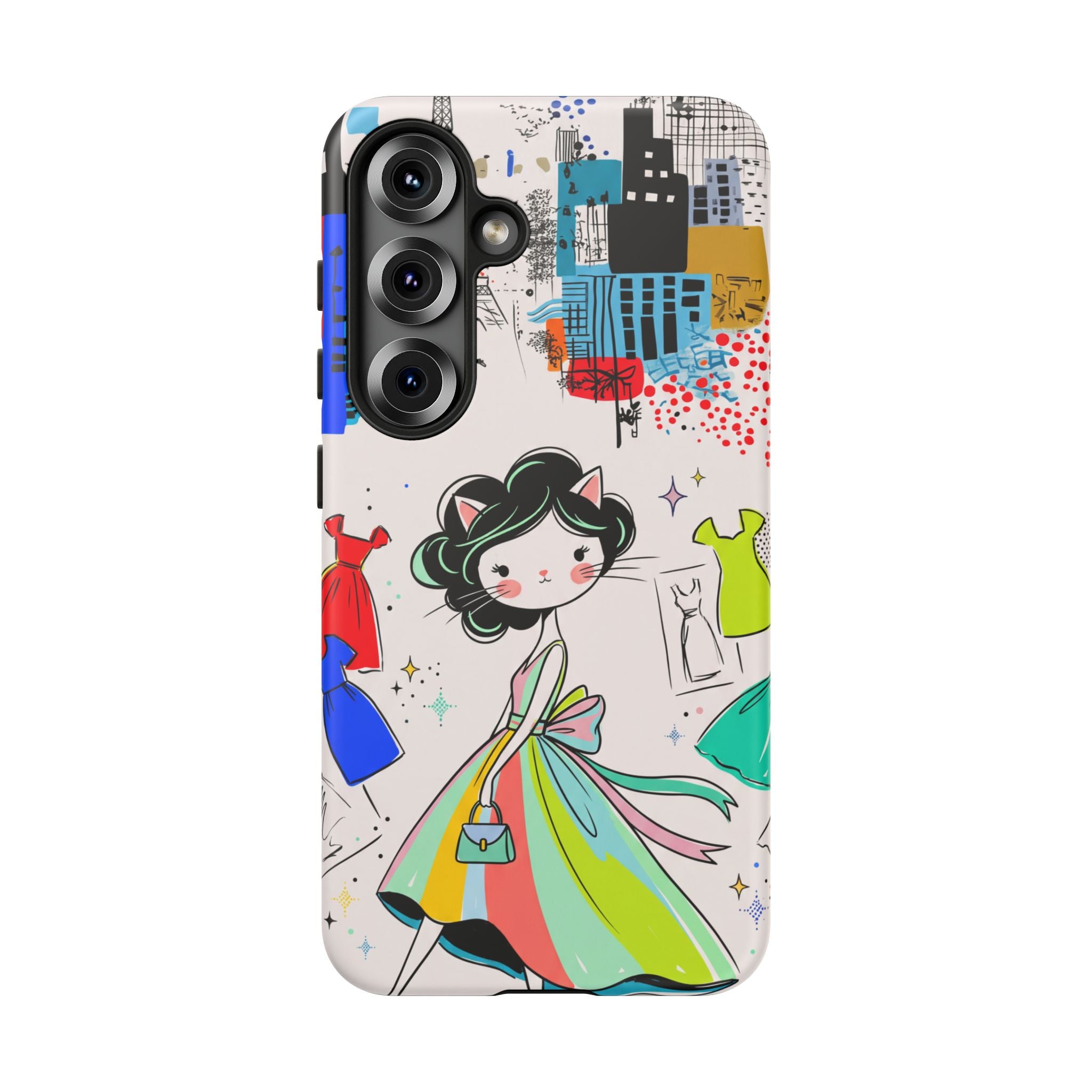 Retro Fashion Cat Girl Samsung Galaxy Phone Case | Cute Dress & City Print