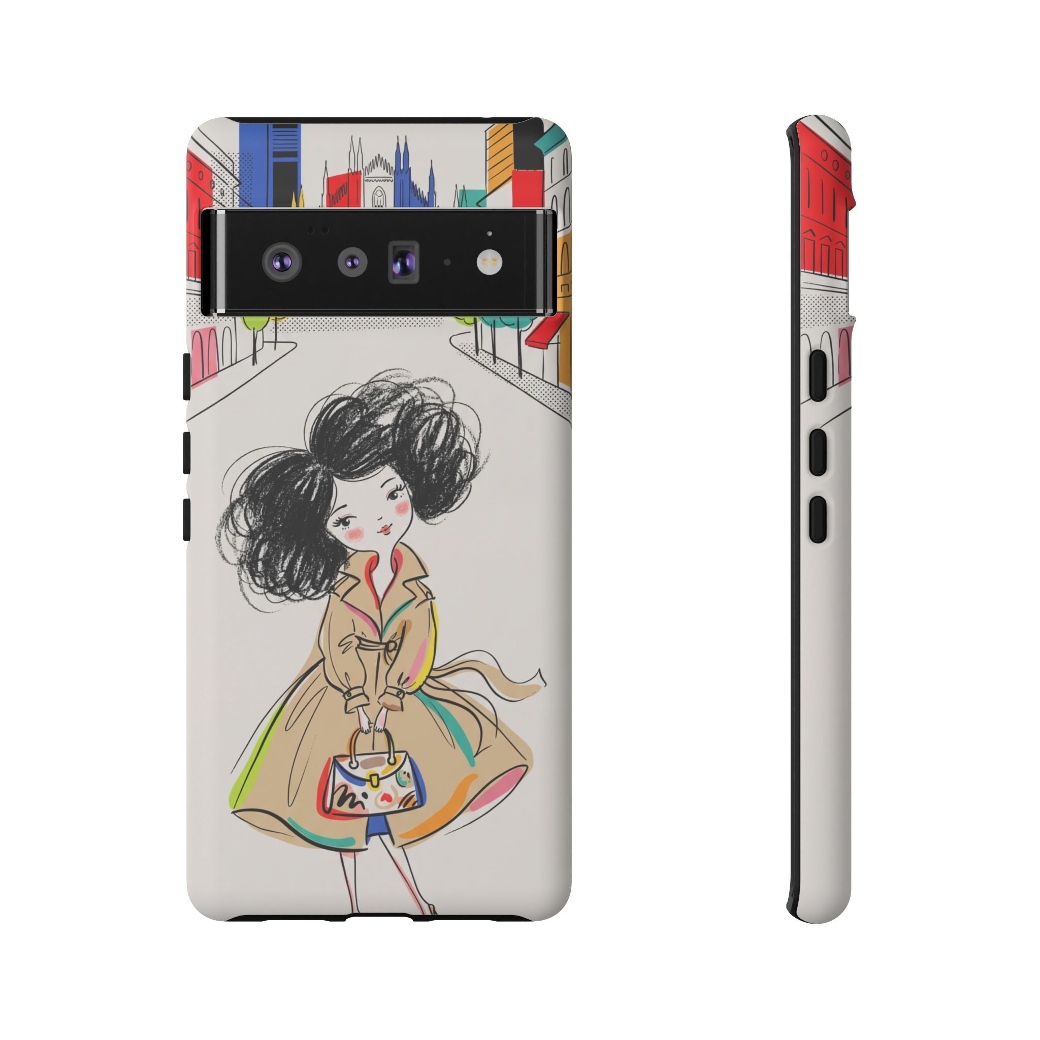 Illustrated Trench Coat Fashion Chic City Girl Google Pixel Phone Case