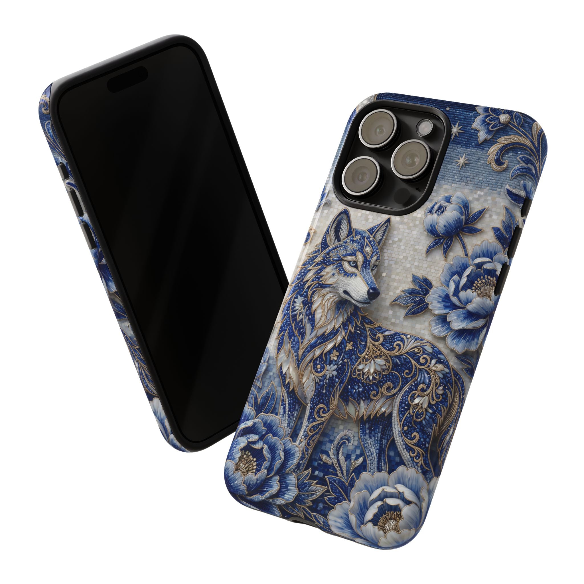 Blue Floral Wolf Tough iPhone Case | Moonlit Wolf Protective Cover