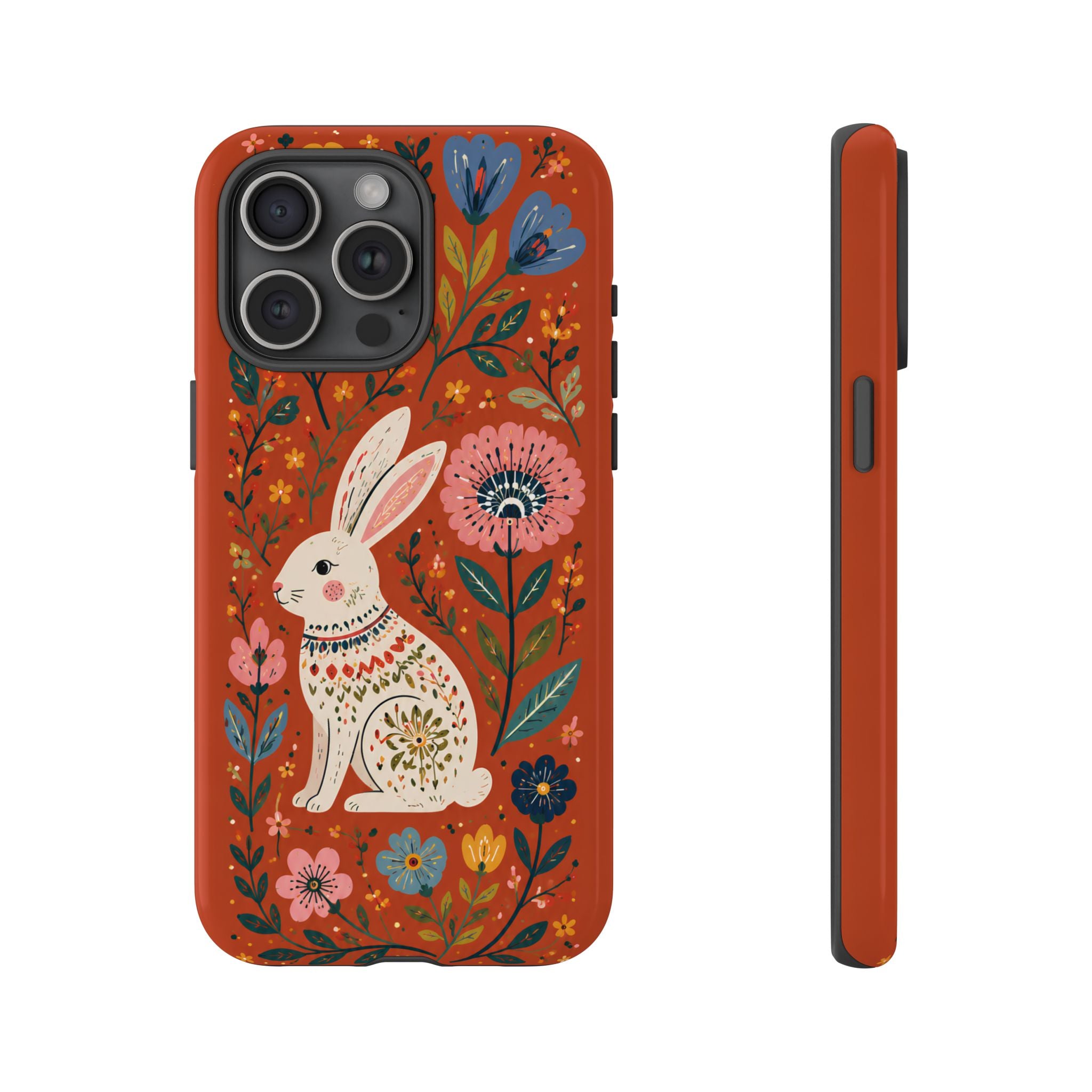 Floral Rabbit Tough iPhone Case | Protective Phone Case with Folk Art Bunny Design