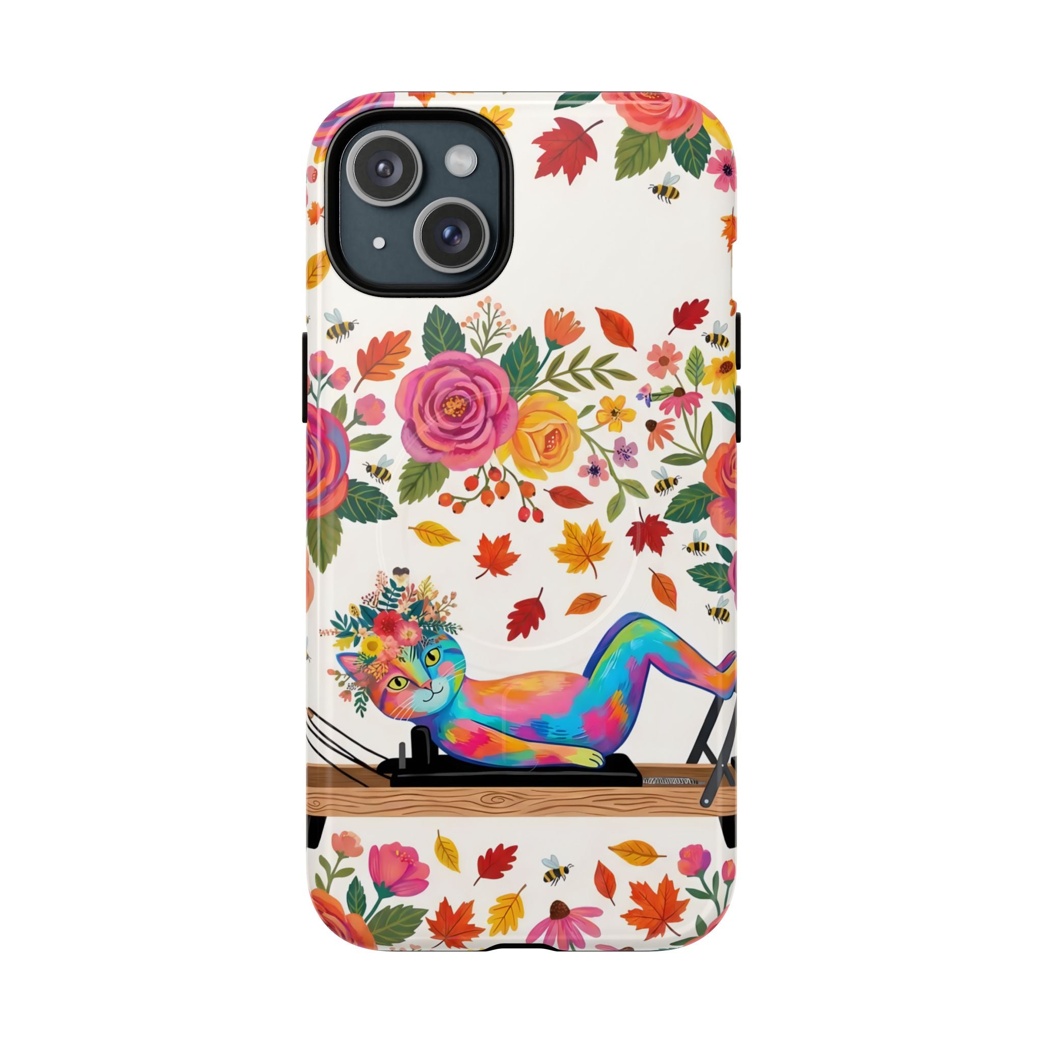 Autumn Floral Pilates MagSafe iPhone Case | Colorful Rainbow Pilates Cat on Falling Leaves