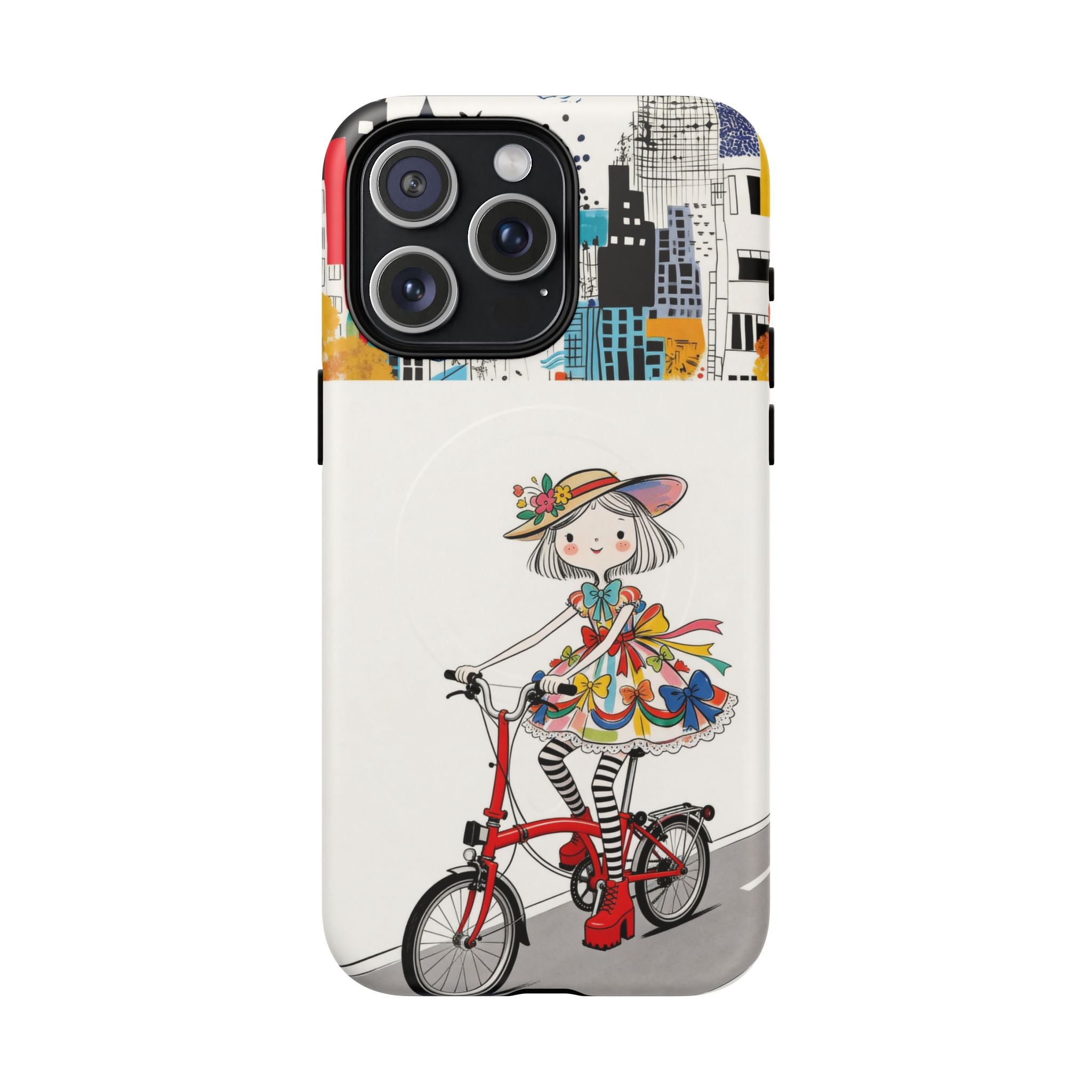 Whimsical Girl on Brompton Bicycle Urban Illustration MagSafe iPhone Case