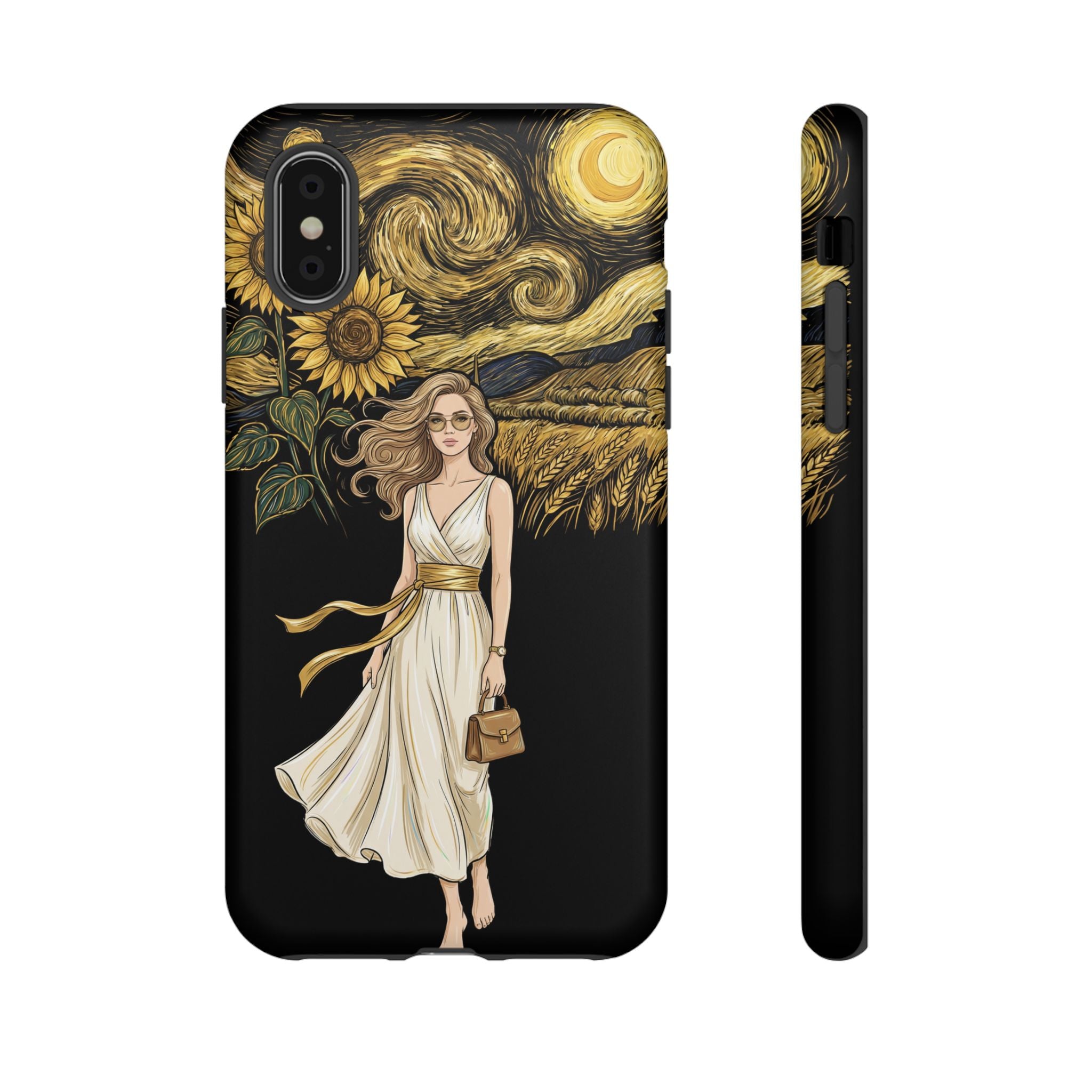 Sunflower Night iPhone Case | Woman in Flowing Dress Van Gogh Style